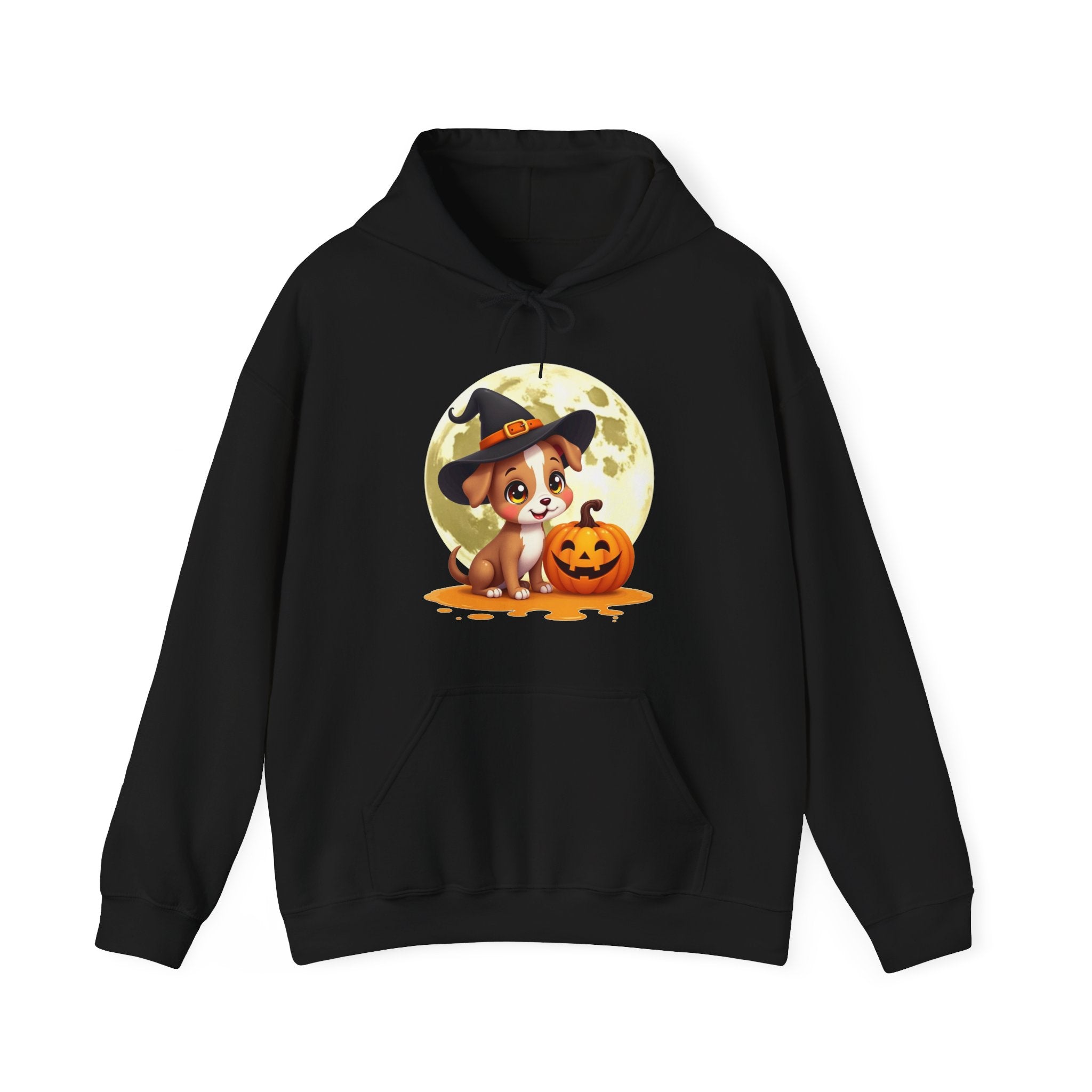 Black hoodie with a Halloween-themed design featuring a dog and pumpkin on a white background