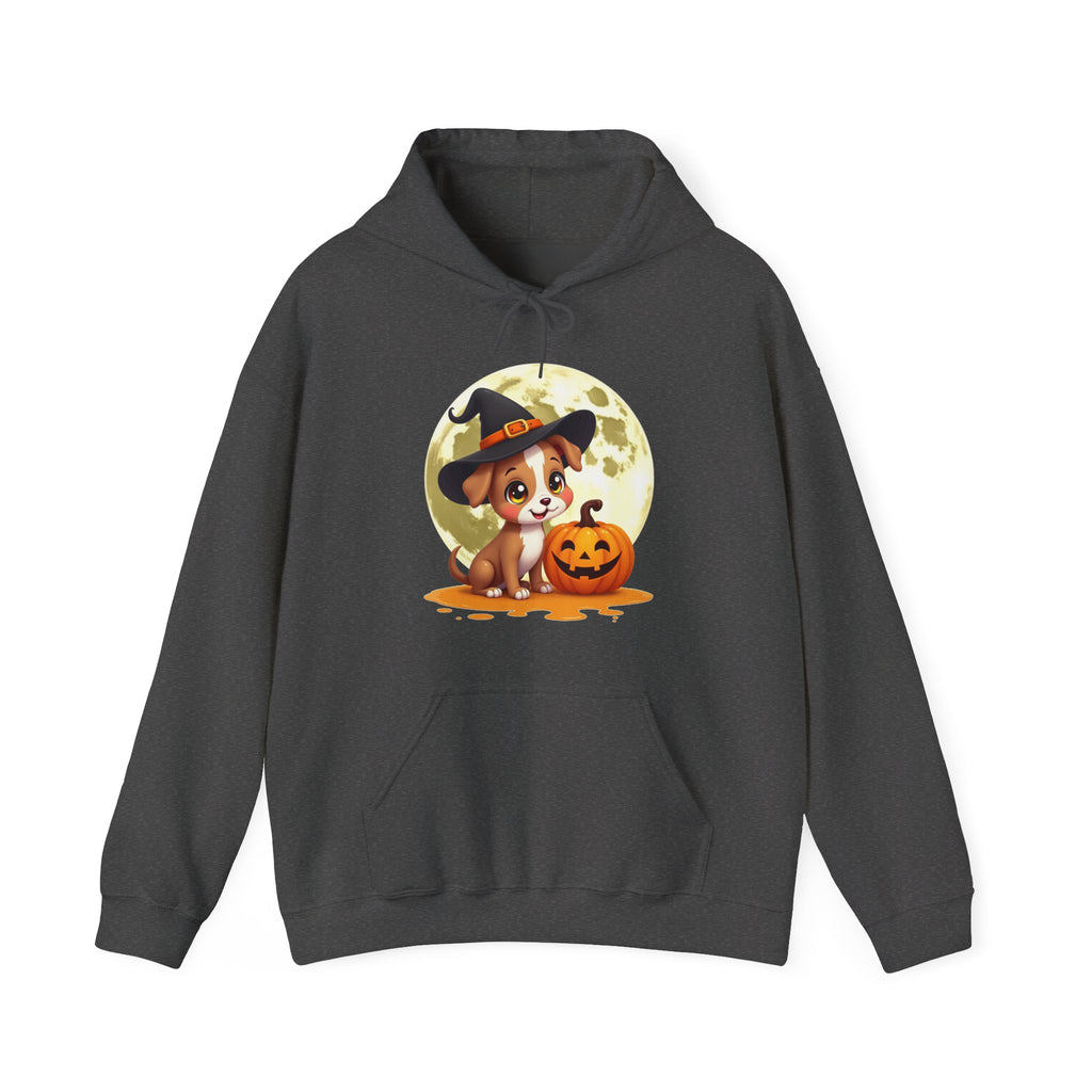 Dark gray hoodie with a Halloween-themed design featuring a dog and pumpkin on a white background
