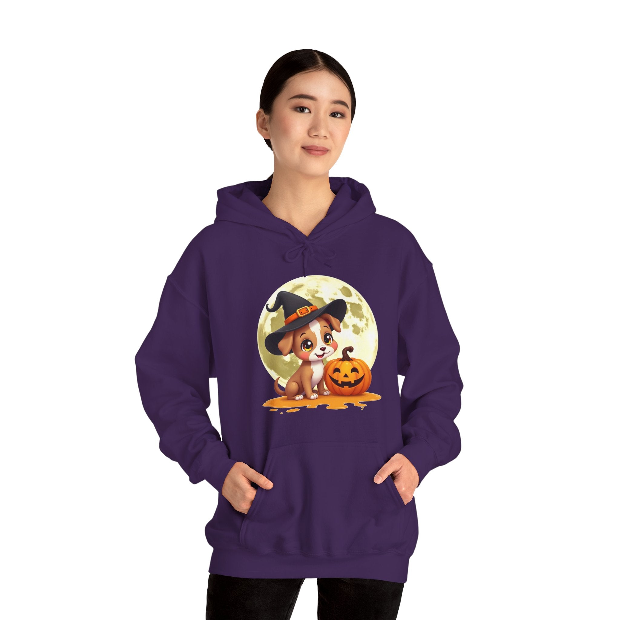 Person wearing a purple hoodie with a Halloween-themed design featuring a dog and pumpkin.