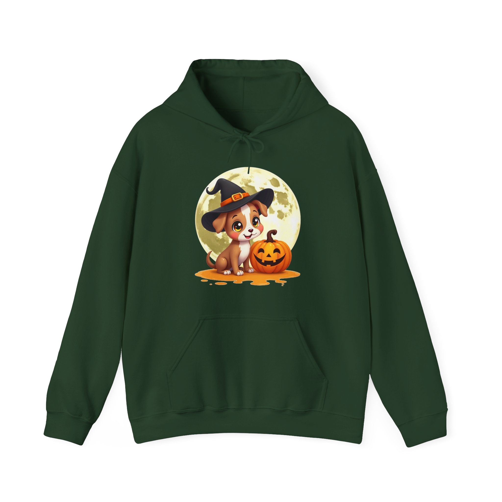 Forest green hoodie with a Halloween-themed design featuring a dog and pumpkin on a white background