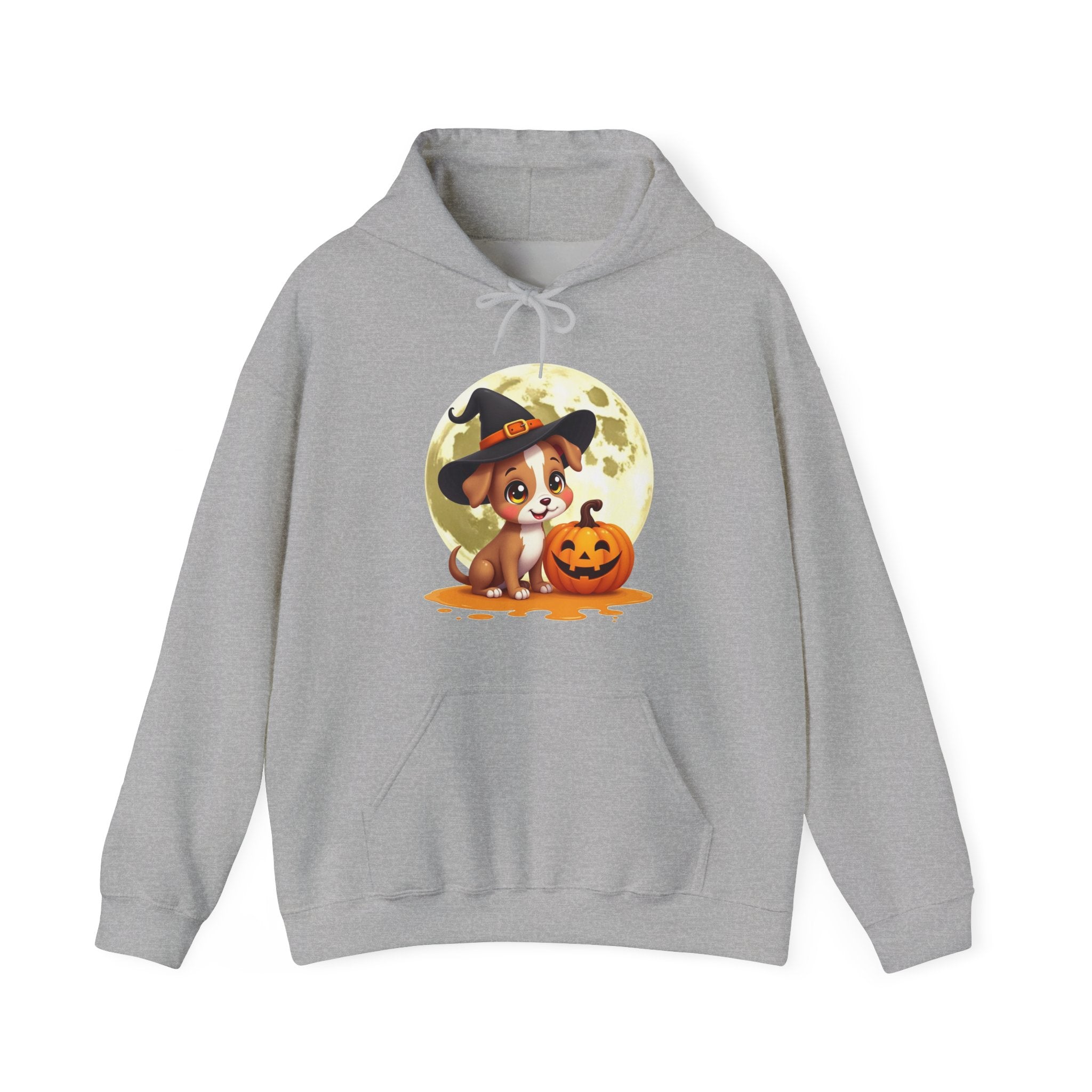 Gray hoodie with a Halloween-themed design featuring a dog and pumpkin on a white background