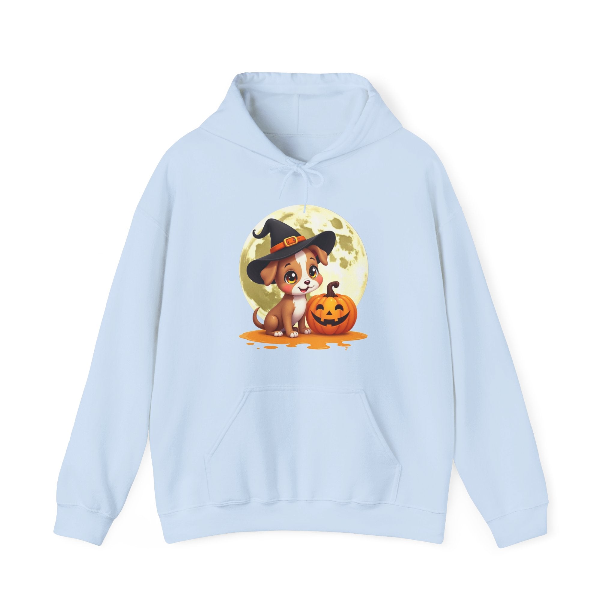 Light blue hoodie with a Halloween-themed graphic of a dog and pumpkin on a white background
