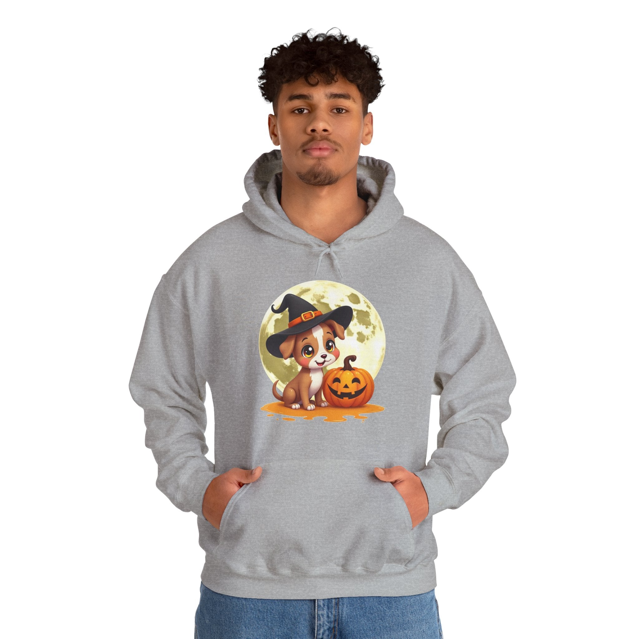 Person wearing a gray hoodie with a Halloween-themed design featuring a dog and pumpkin.