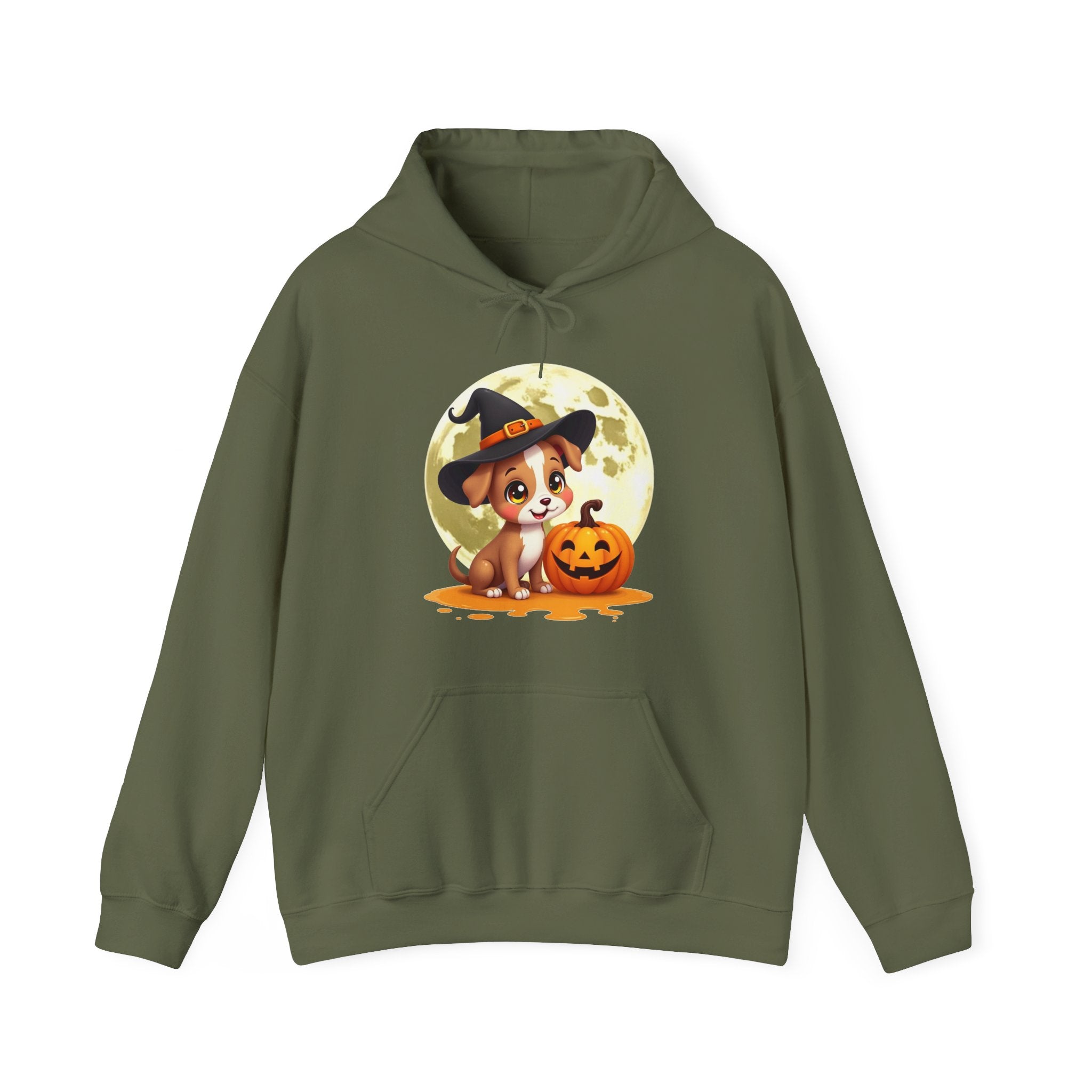 Military green hoodie with a Halloween-themed design featuring a dog in a witch hat and pumpkin.