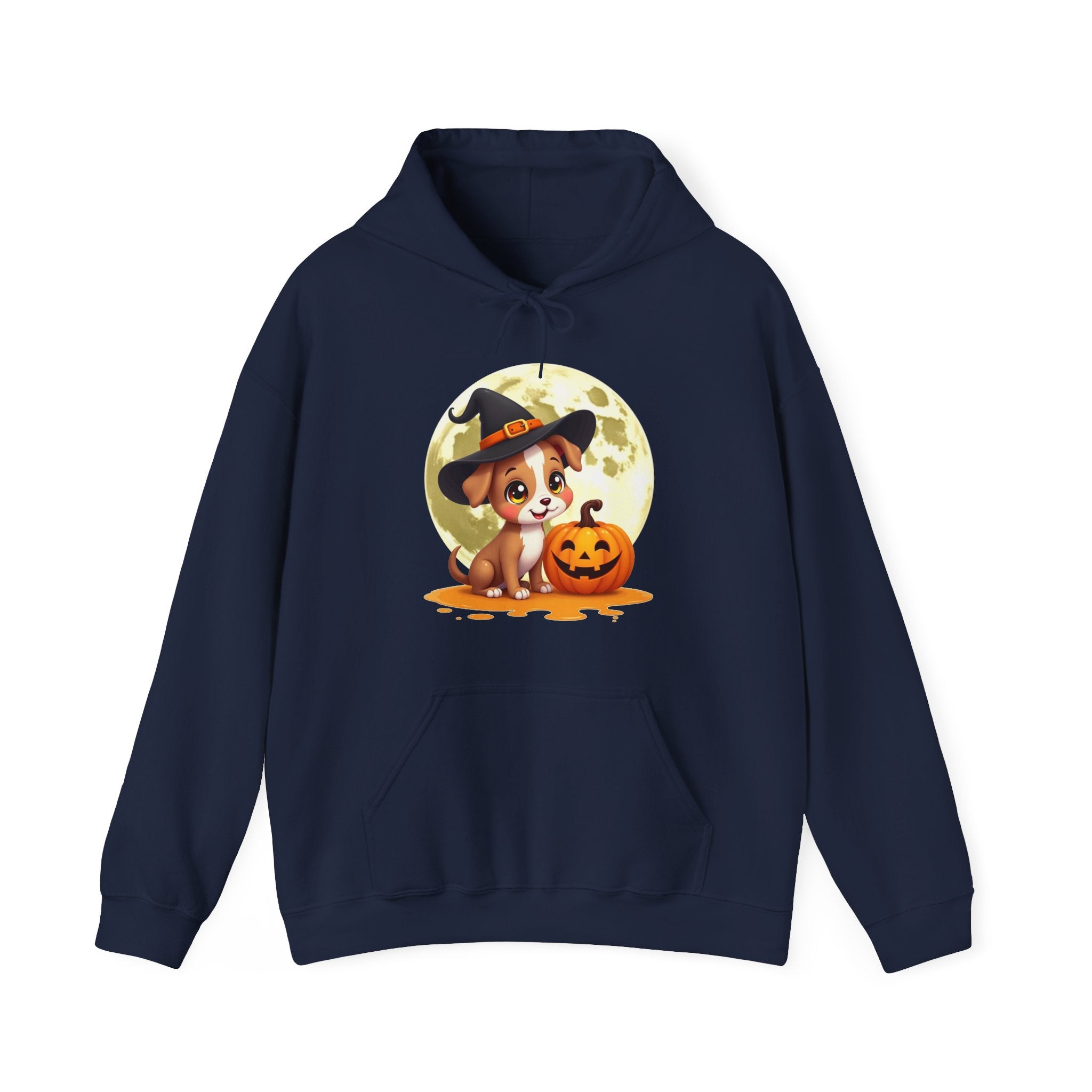 Navy blue hoodie with a Halloween-themed graphic of a dog in a witch hat and pumpkin.