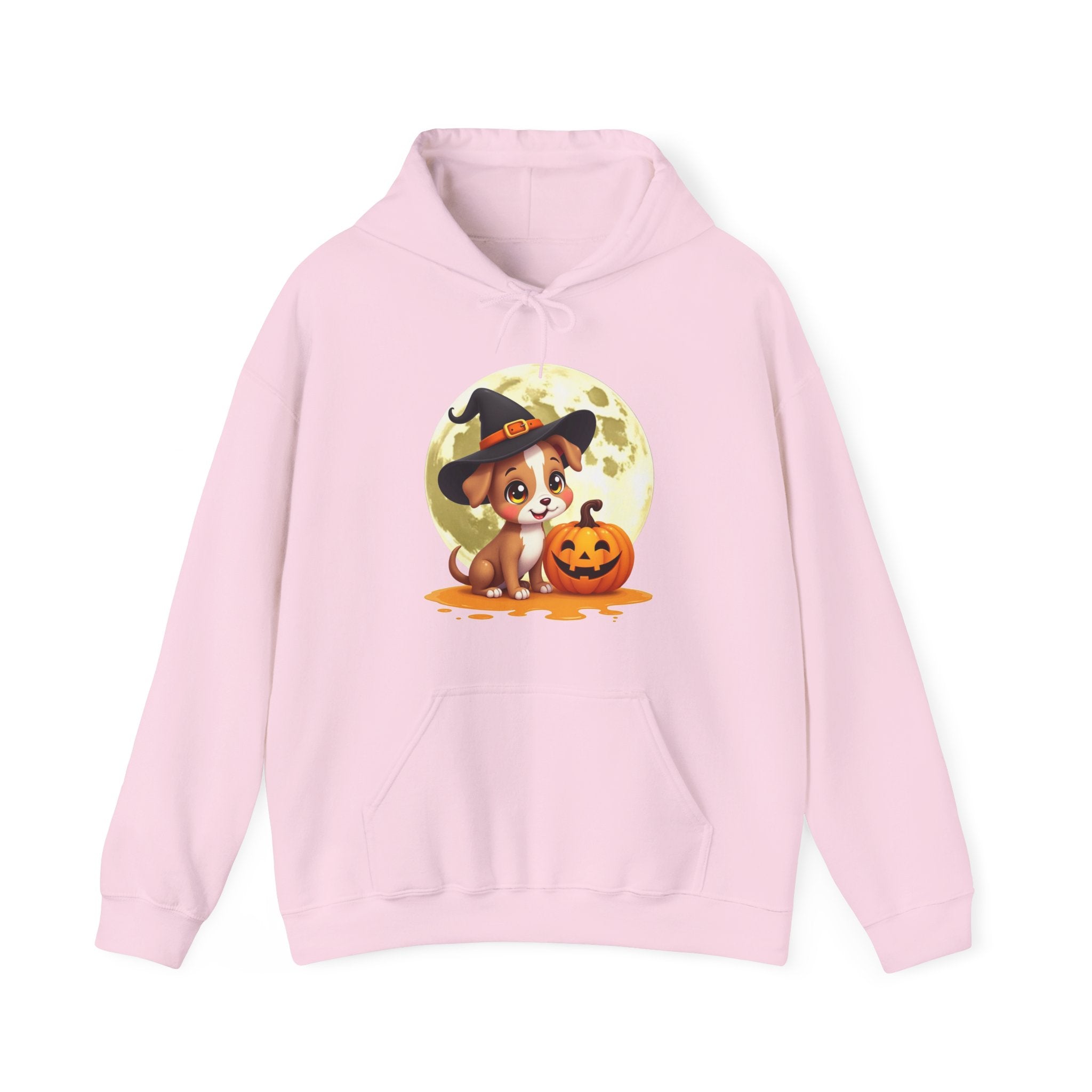 Pink hoodie with a Halloween-themed graphic of a dog in a witch hat and pumpkin on a white background