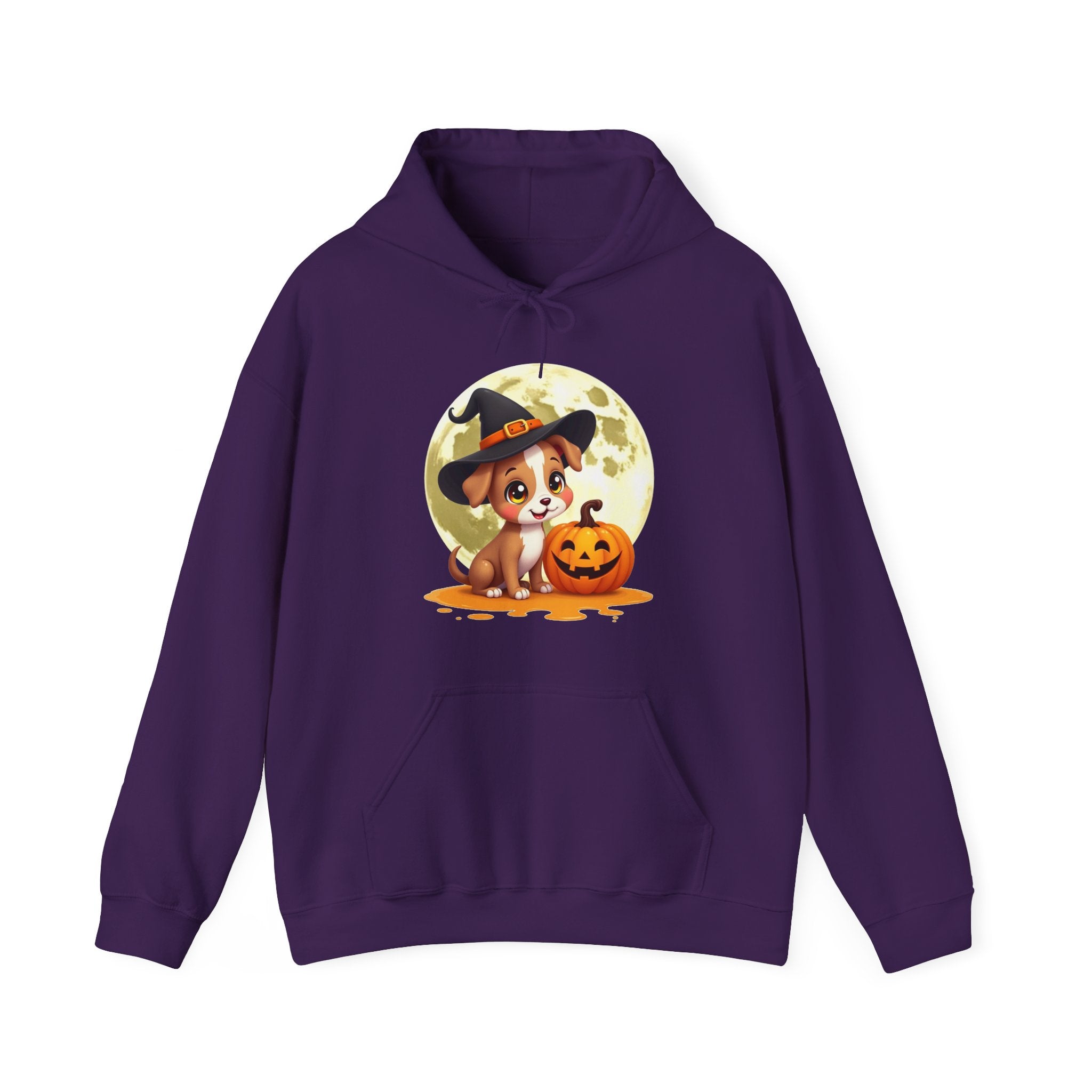 Purple hoodie with a Halloween-themed design featuring a dog and pumpkin on a white background