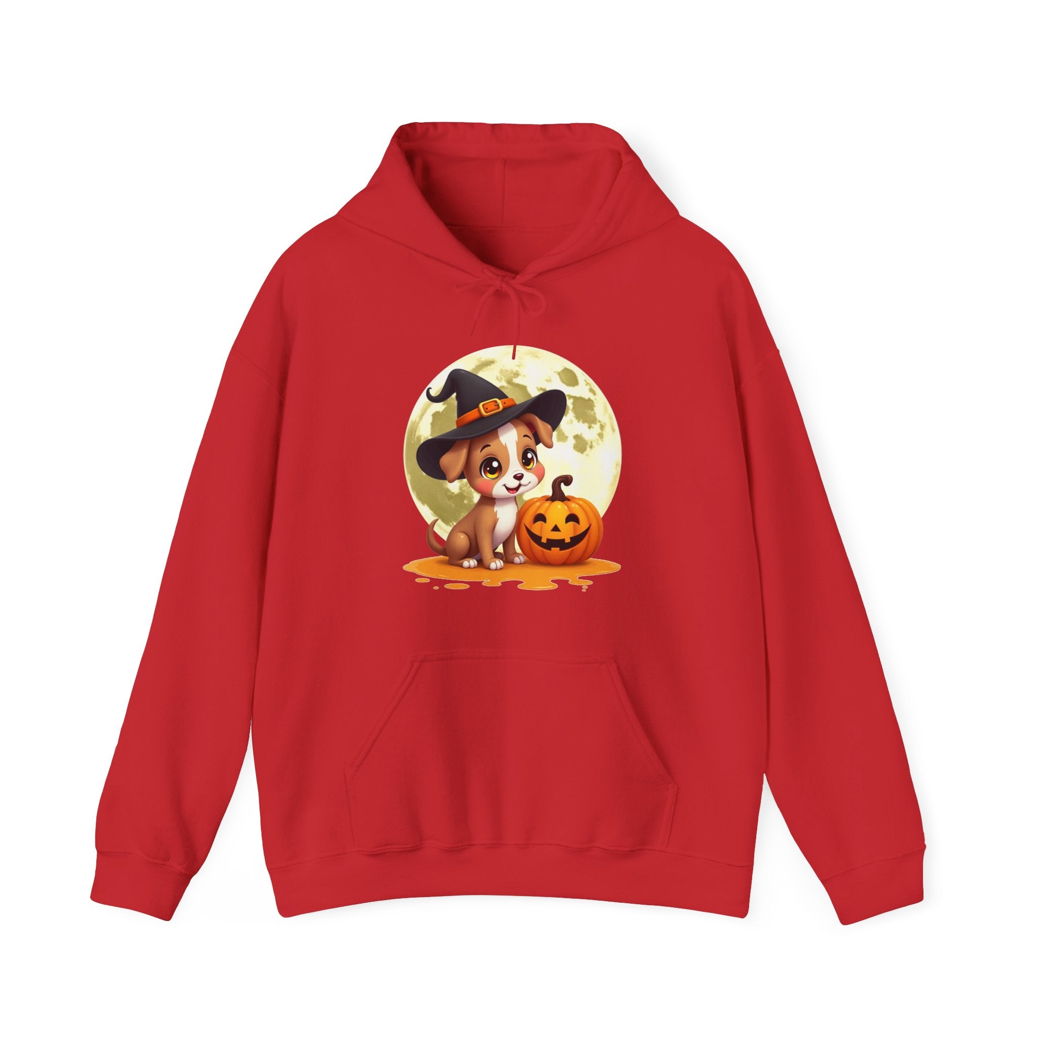 Red hoodie with a Halloween-themed graphic of a dog in a witch hat and pumpkin.