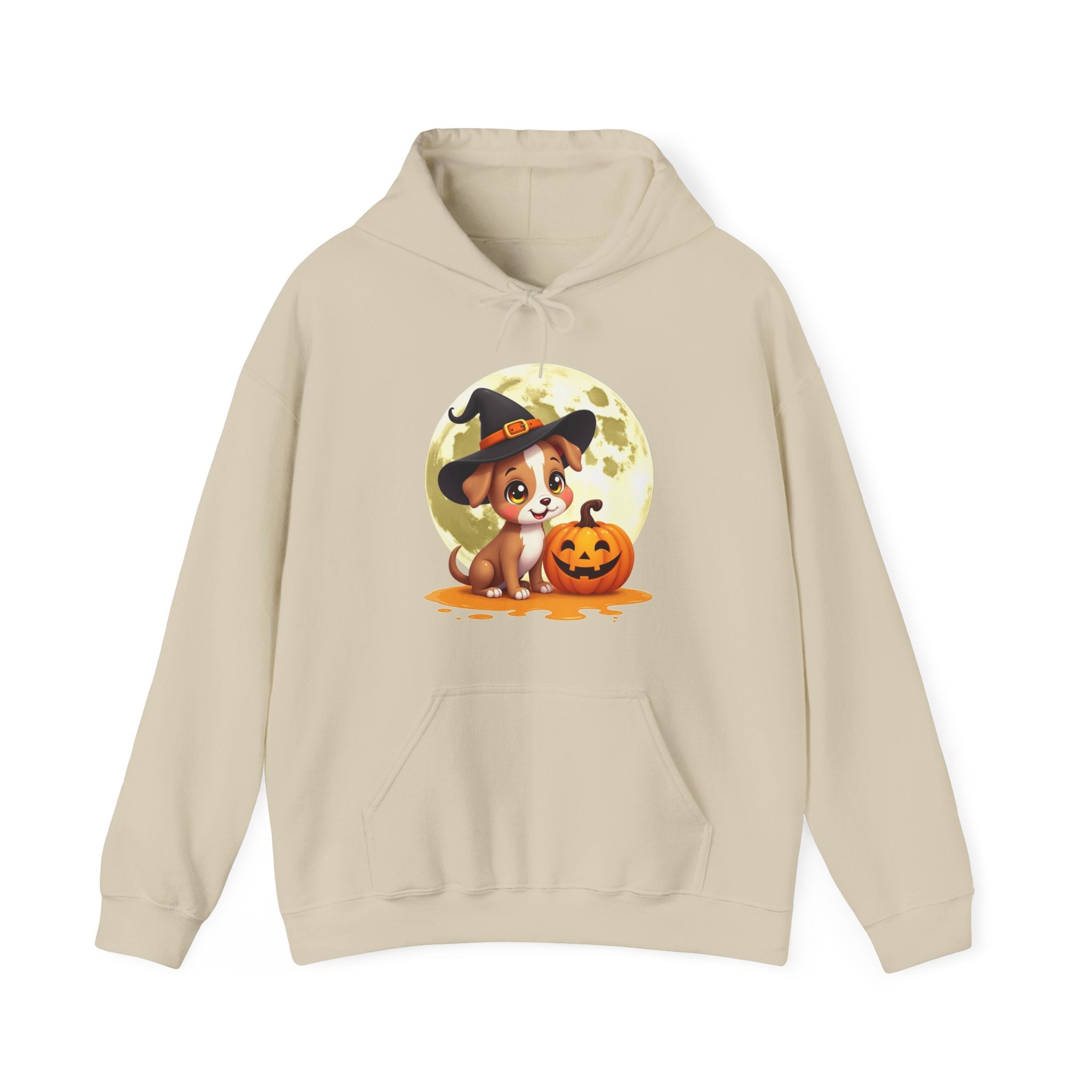 Beige hoodie with a Halloween-themed design featuring a dog and pumpkin on a white background