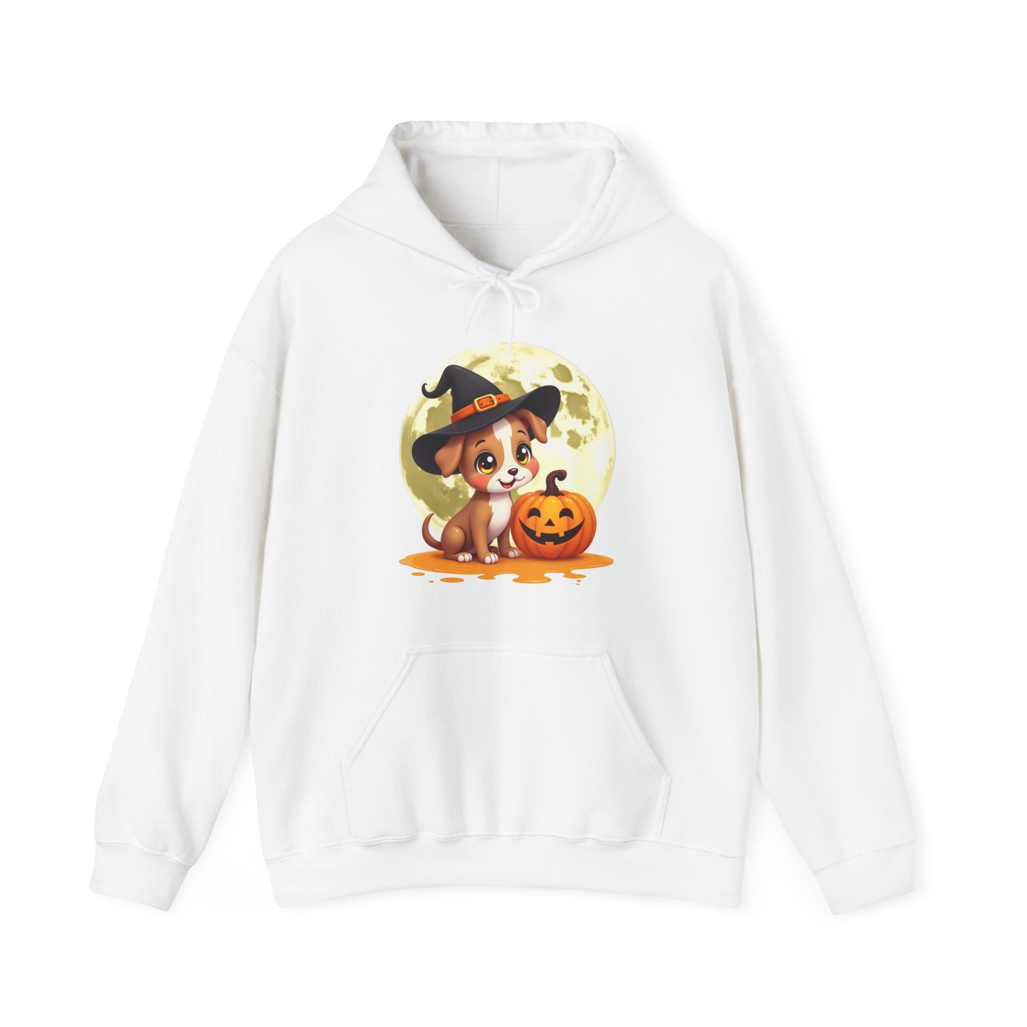 White hoodie with a Halloween-themed design featuring a dog and pumpkin on a white background