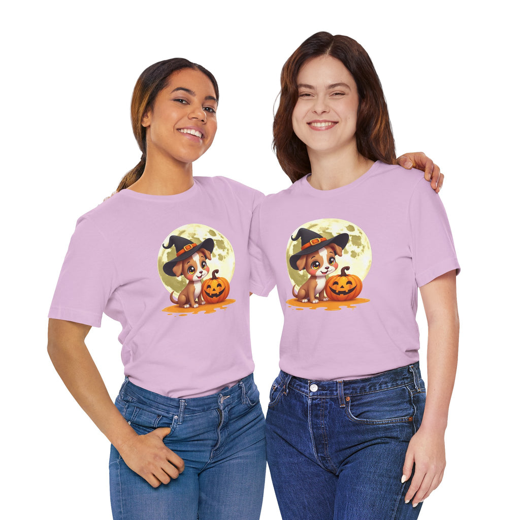 Two people wearing purple t-shirts with a Halloween-themed design featuring a dog and pumpkin.