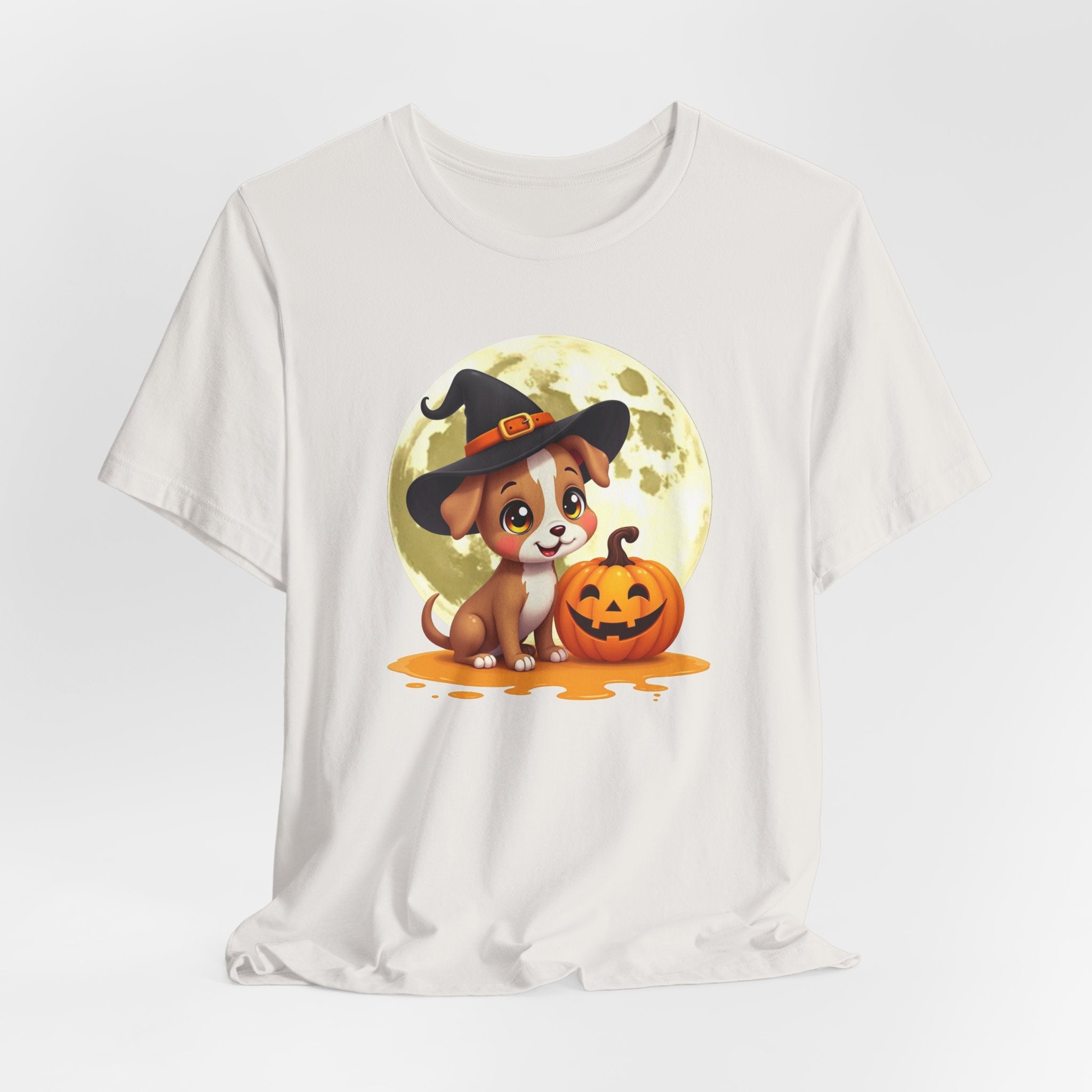 Vintage white t-shirt with a Halloween-themed design featuring a dog in a witch hat and pumpkin.