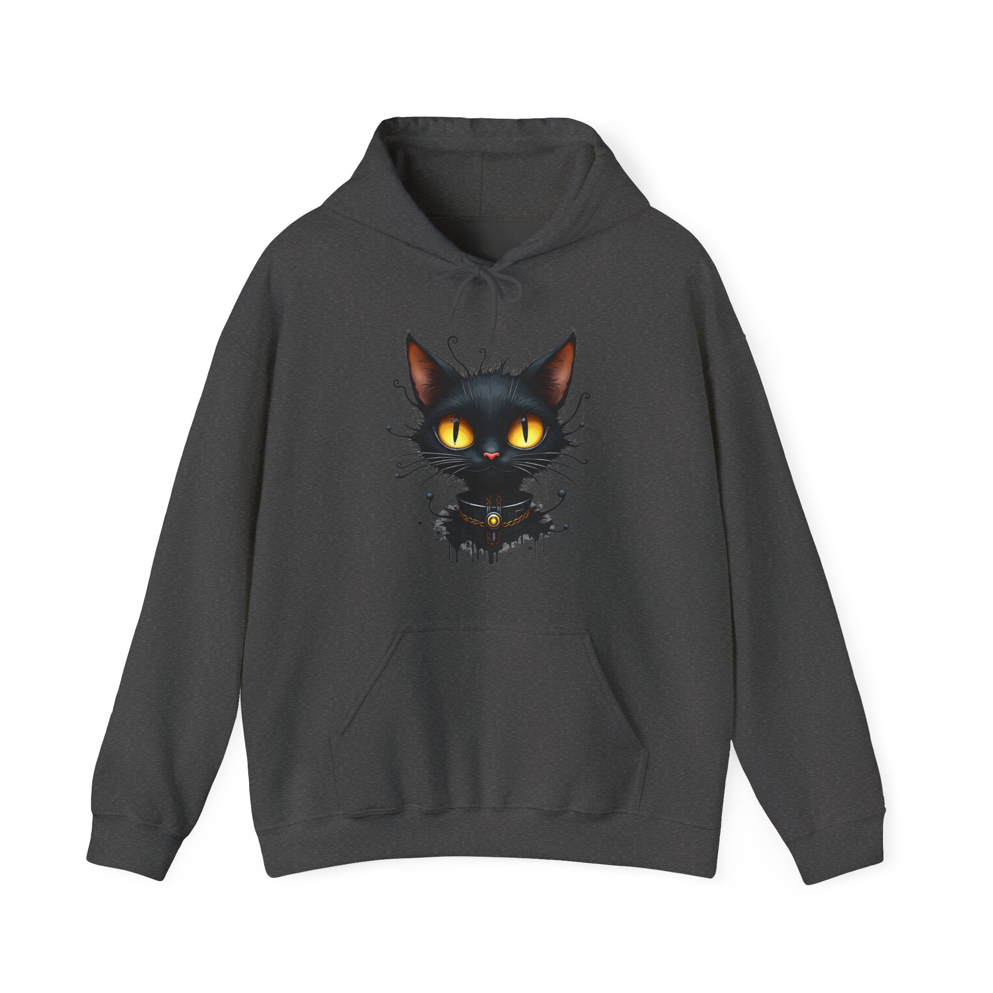 Dark gray hoodie with a black cat graphic on a white background