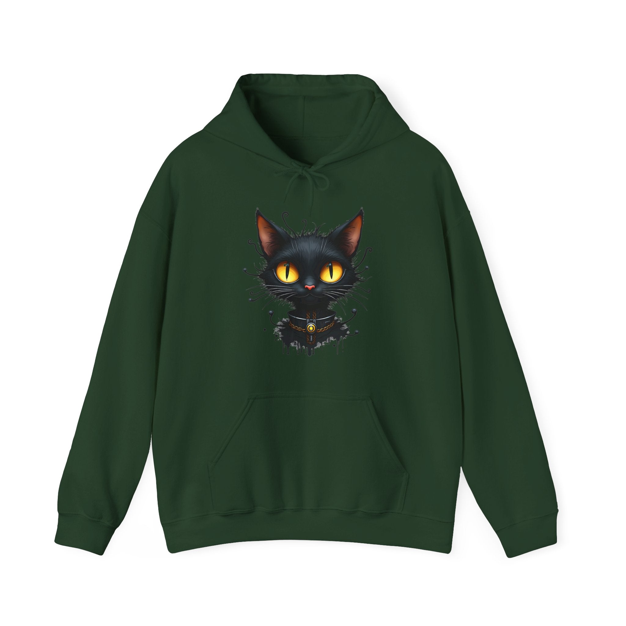 Forest green hoodie with a black cat graphic on a white background