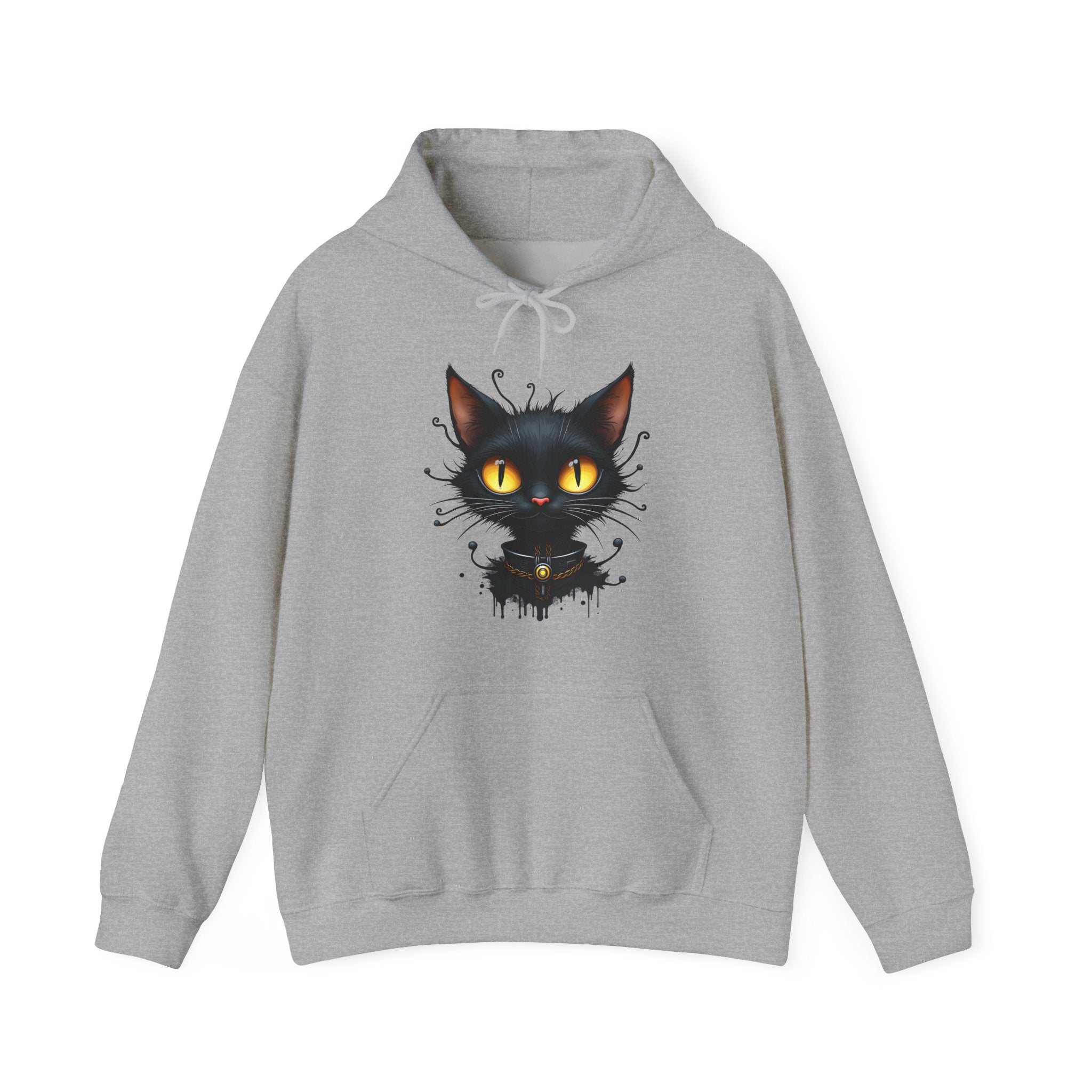 Gray hoodie with a black cat graphic on a white background