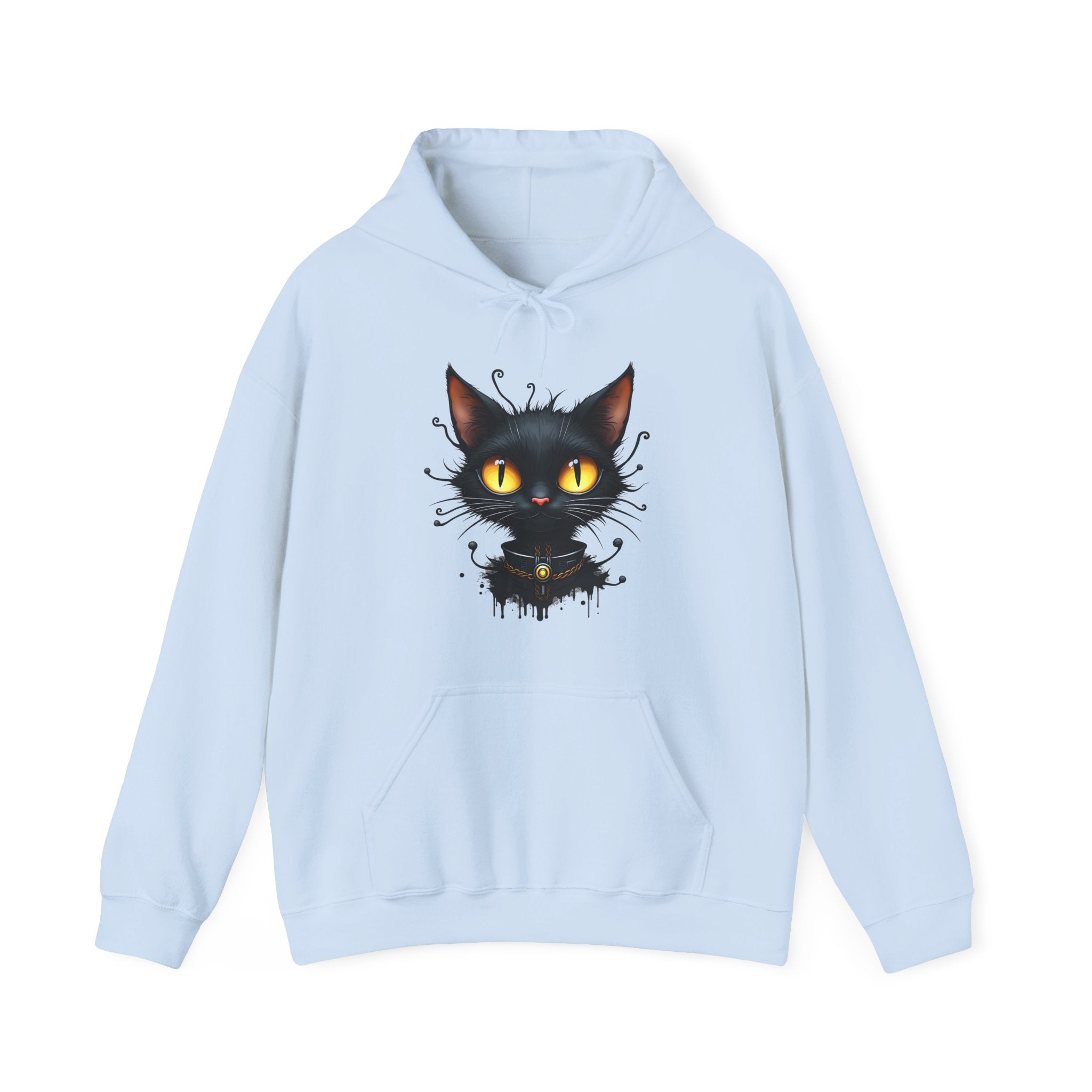Light blue hoodie with a black cat graphic on a white background