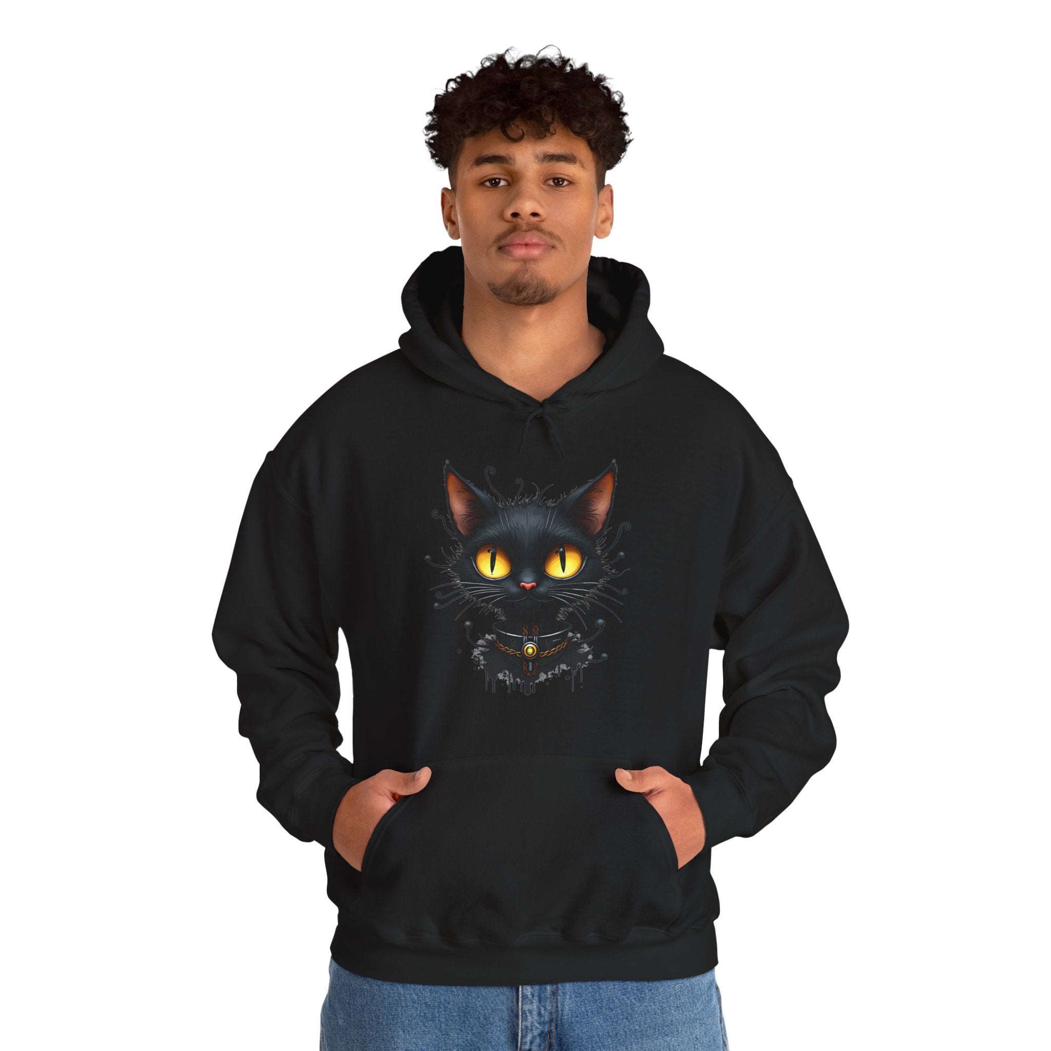 Person wearing a black hoodie with a cat graphic on a white background