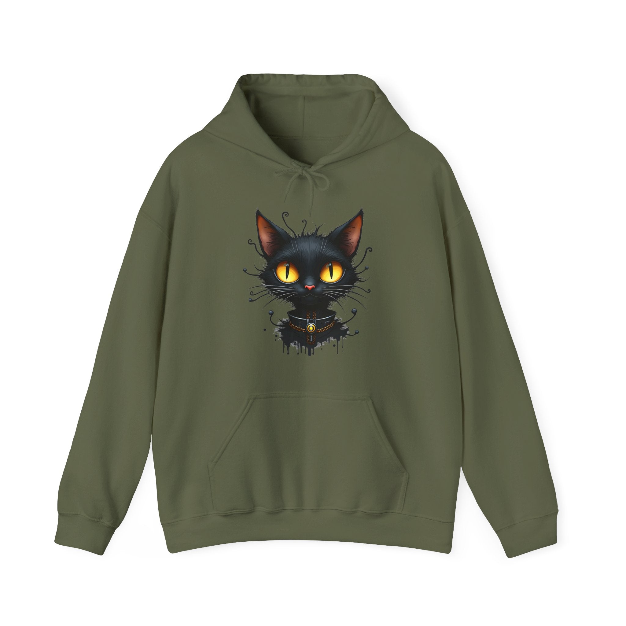 Military green hoodie with a black cat graphic on a white background