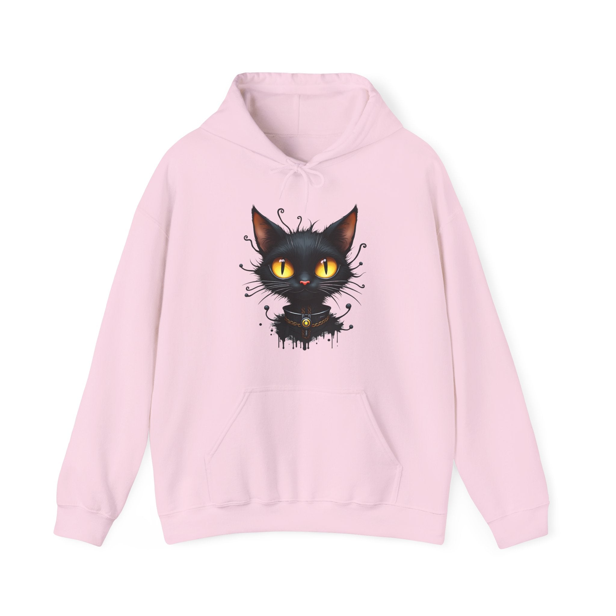Pink hoodie with a black cat graphic on a white background