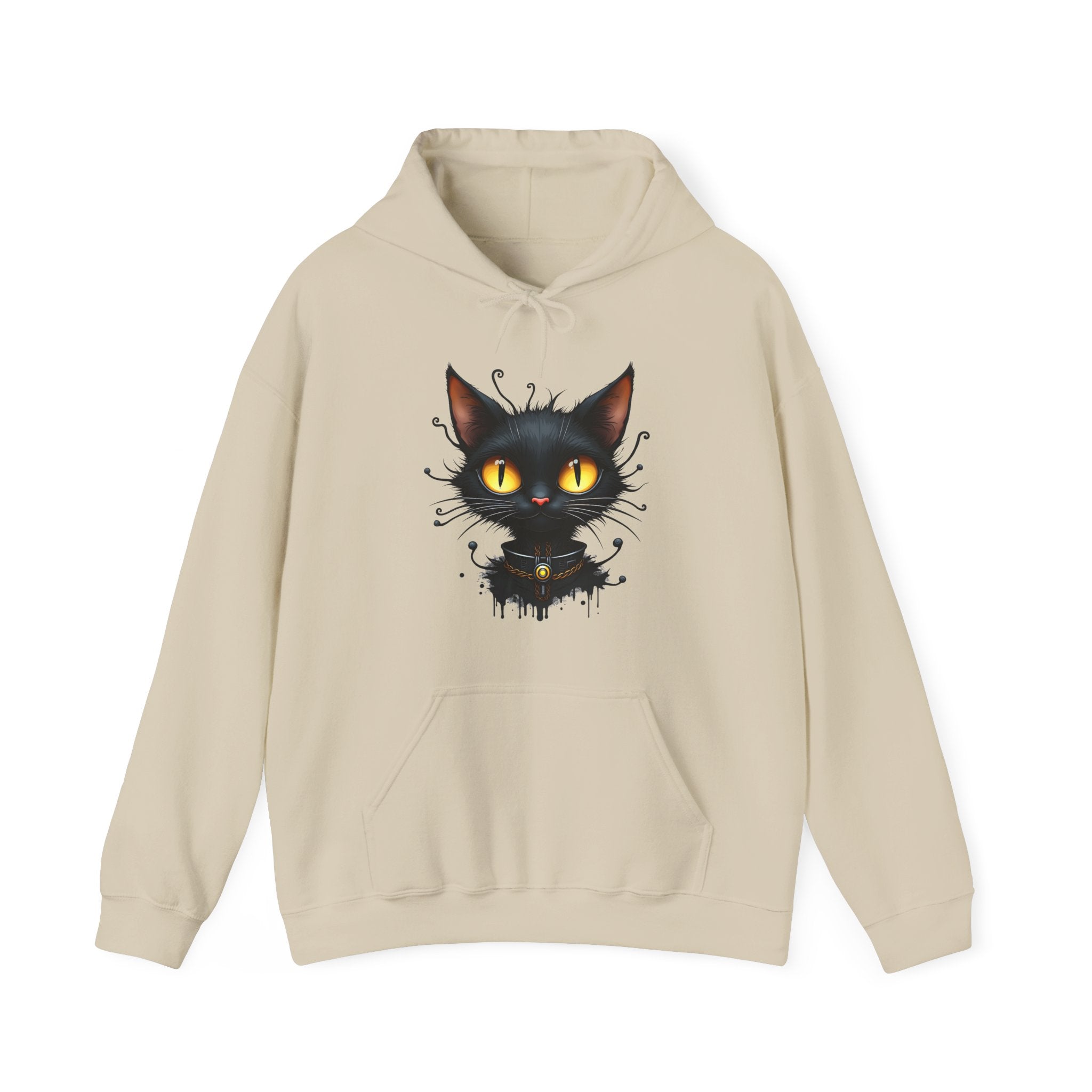 Beige hoodie with a black cat graphic on a white background