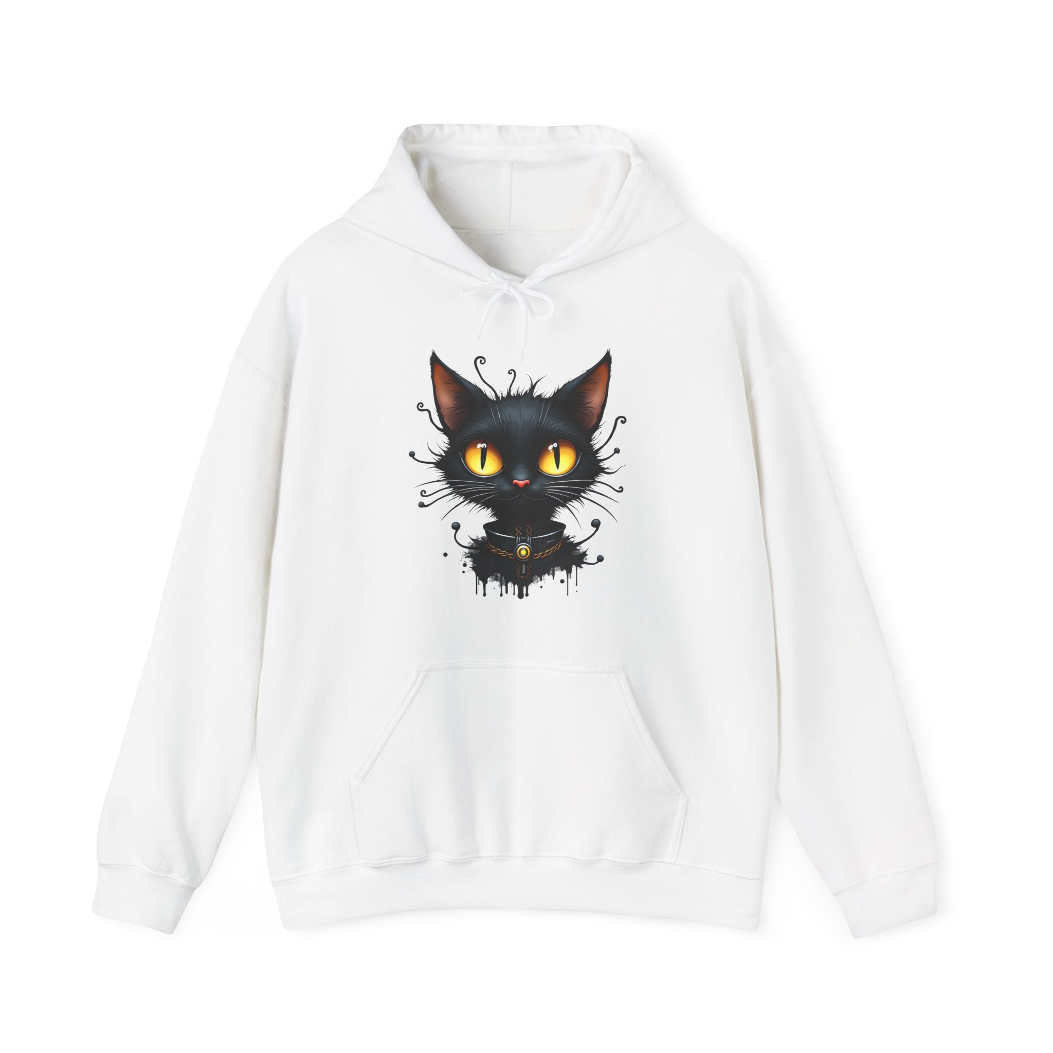 White hoodie with a black cat graphic on a white background