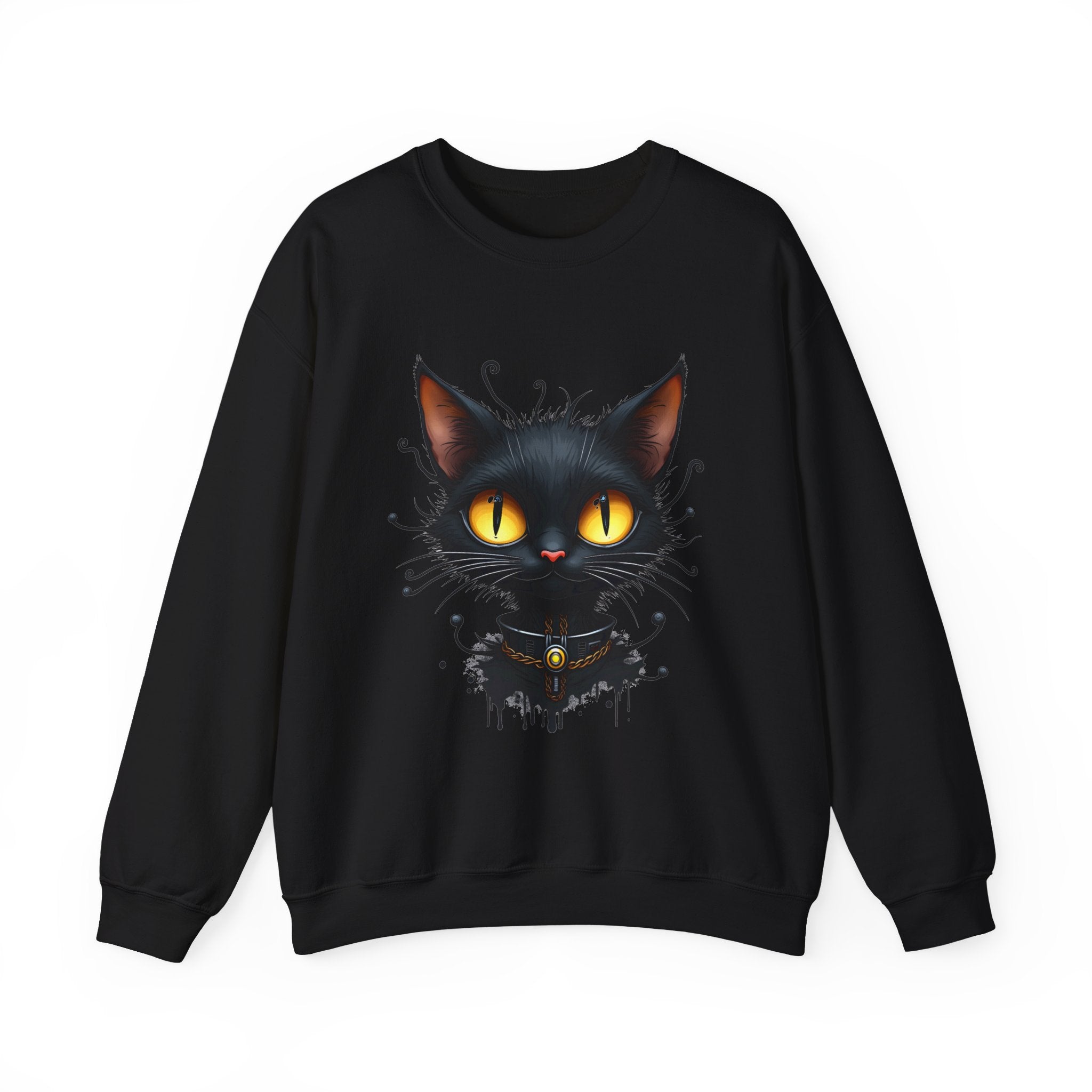 Black sweatshirt with a graphic of a black cat with yellow eyes on a white background