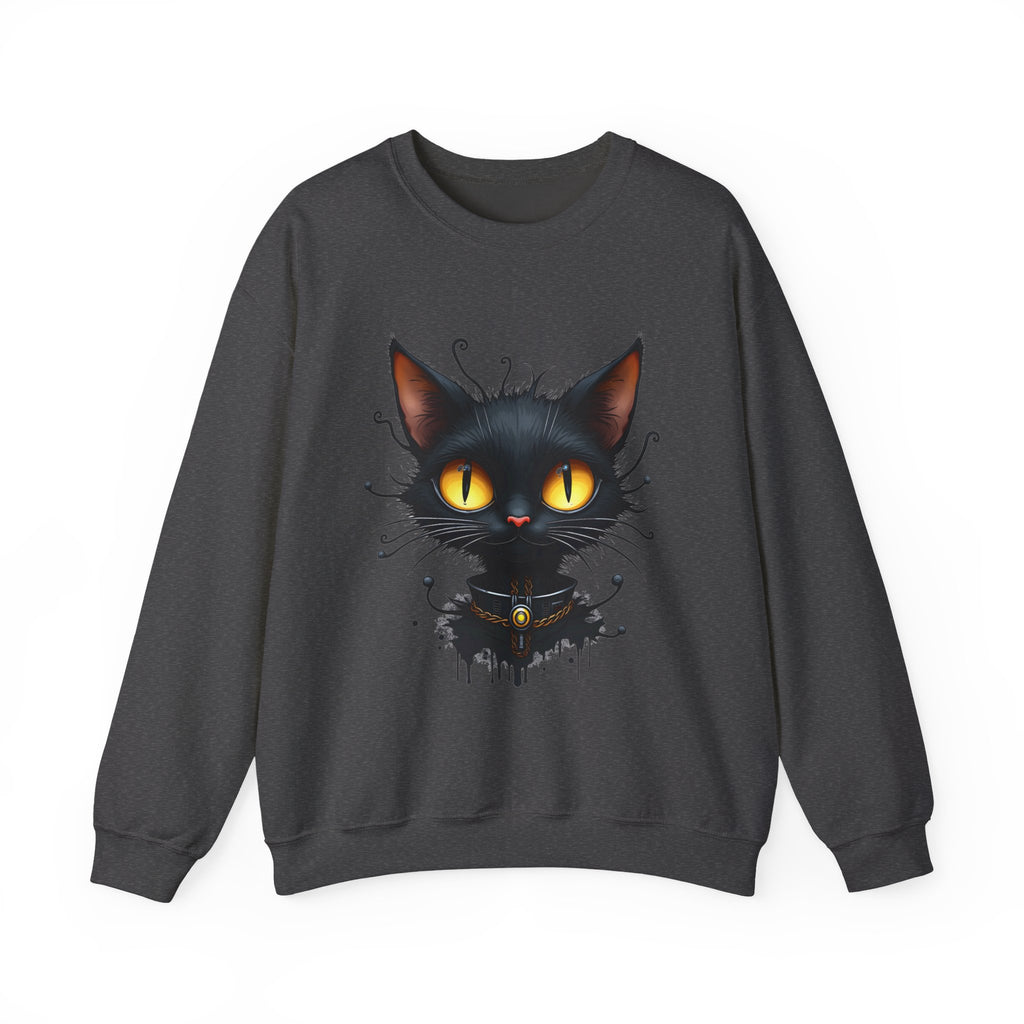 Dark heather gray sweatshirt with a black cat graphic on a white background