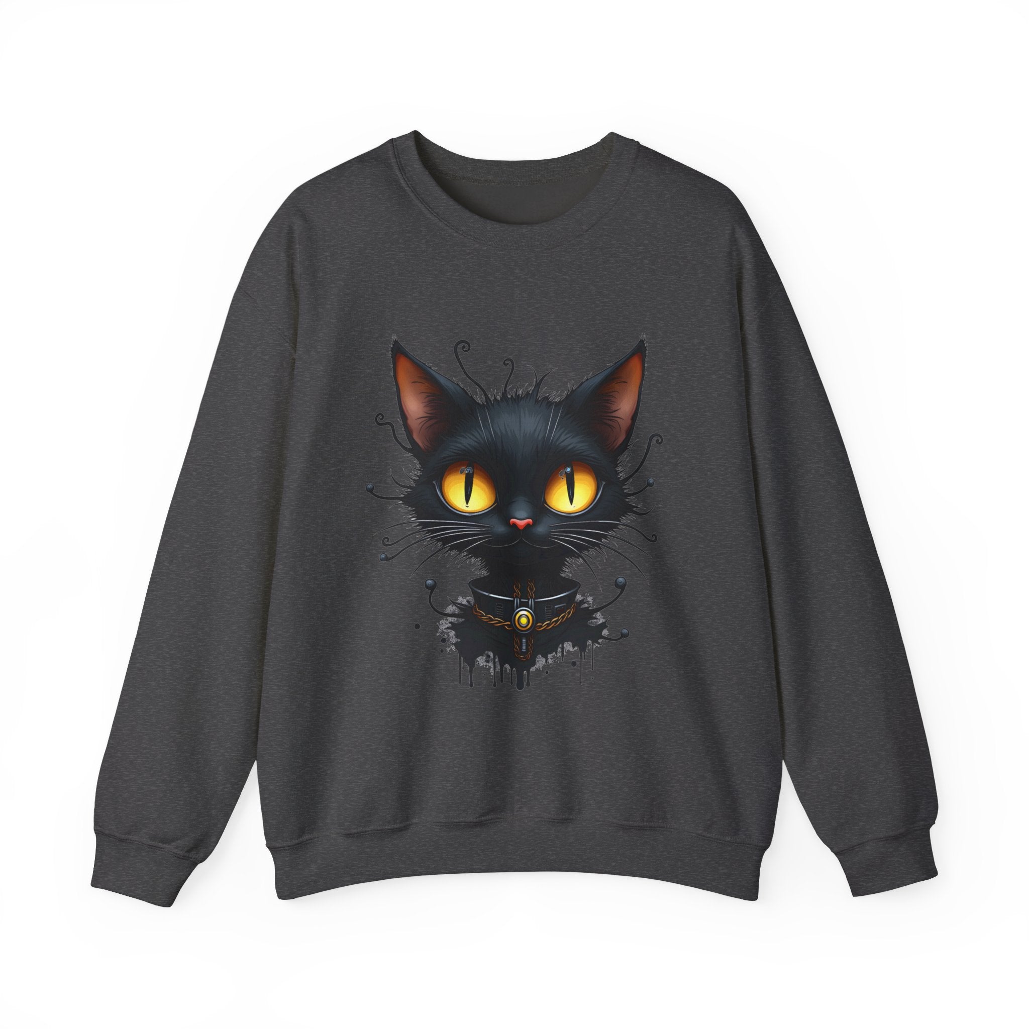 Dark heather gray sweatshirt with a black cat graphic on a white background