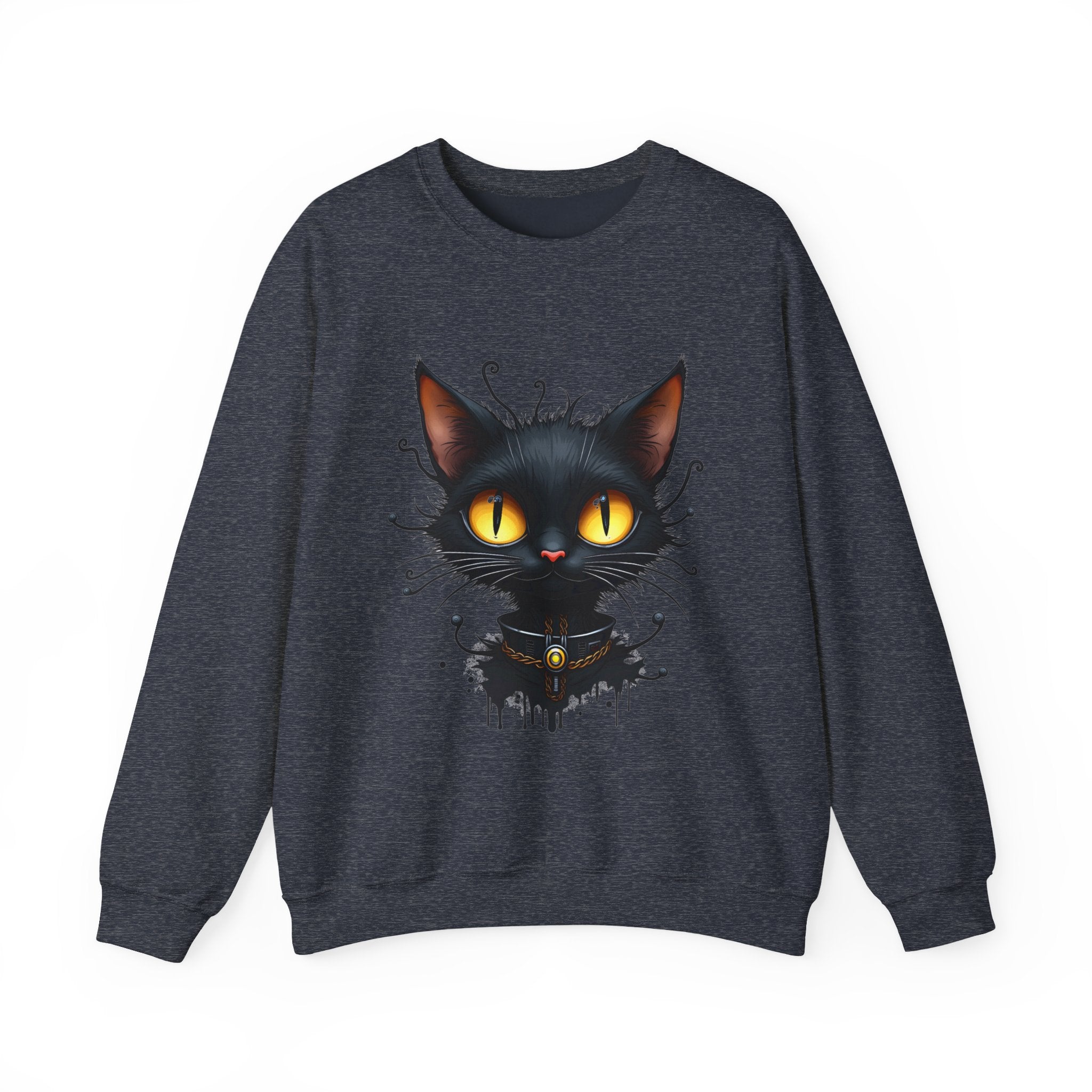 Heather sport dark navy gray sweatshirt with a black cat graphic on a white background