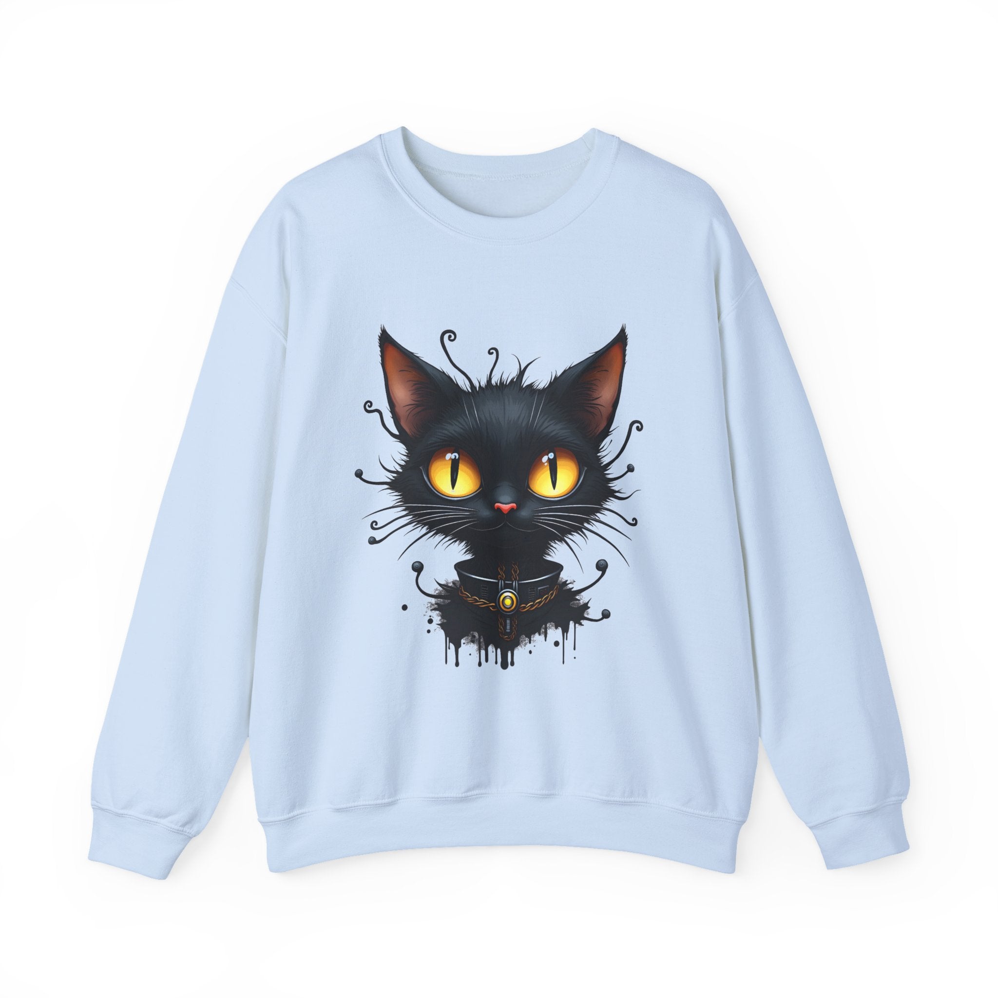 Light blue sweatshirt with a black cat graphic on a white background