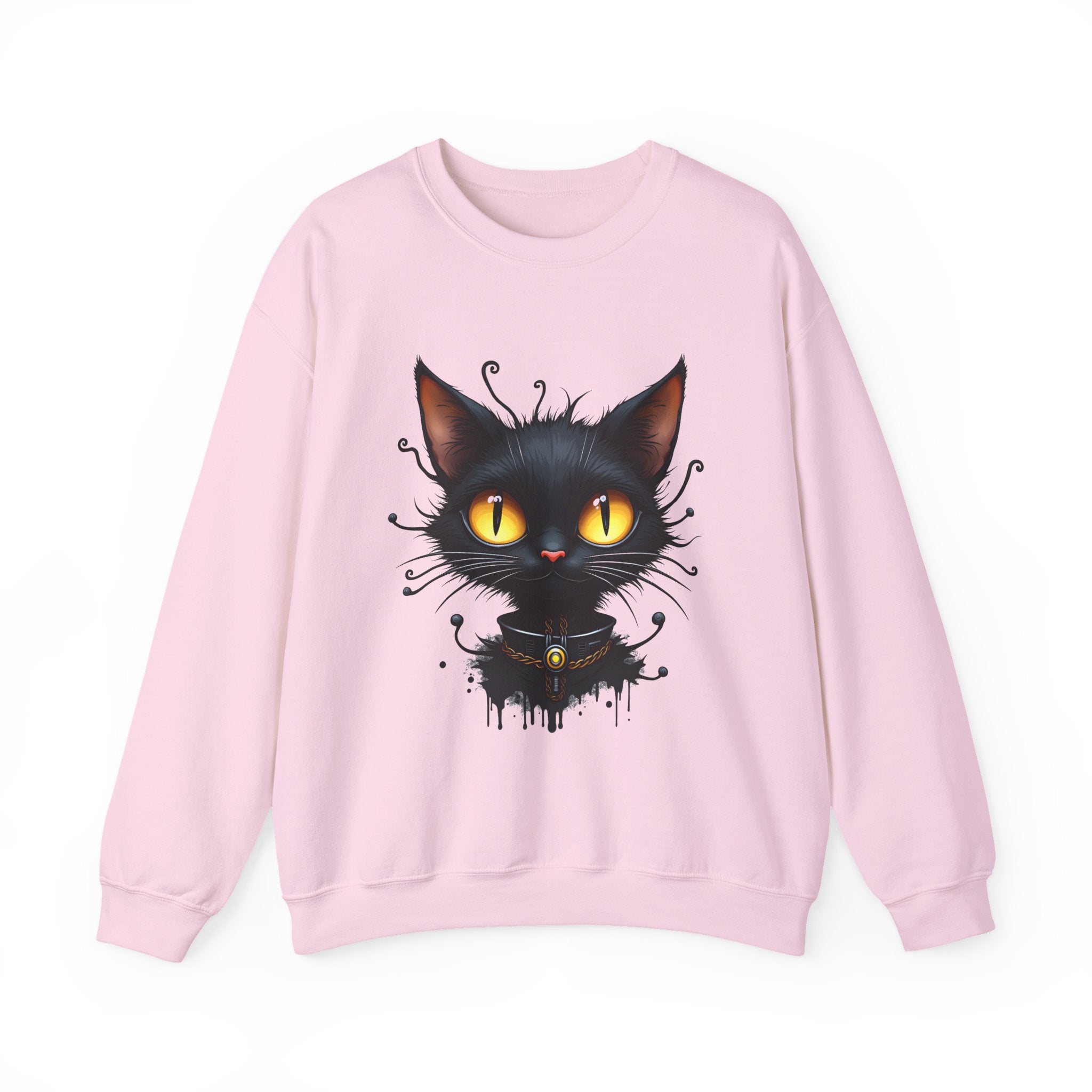 Light pink sweatshirt with a black cat graphic on a white background