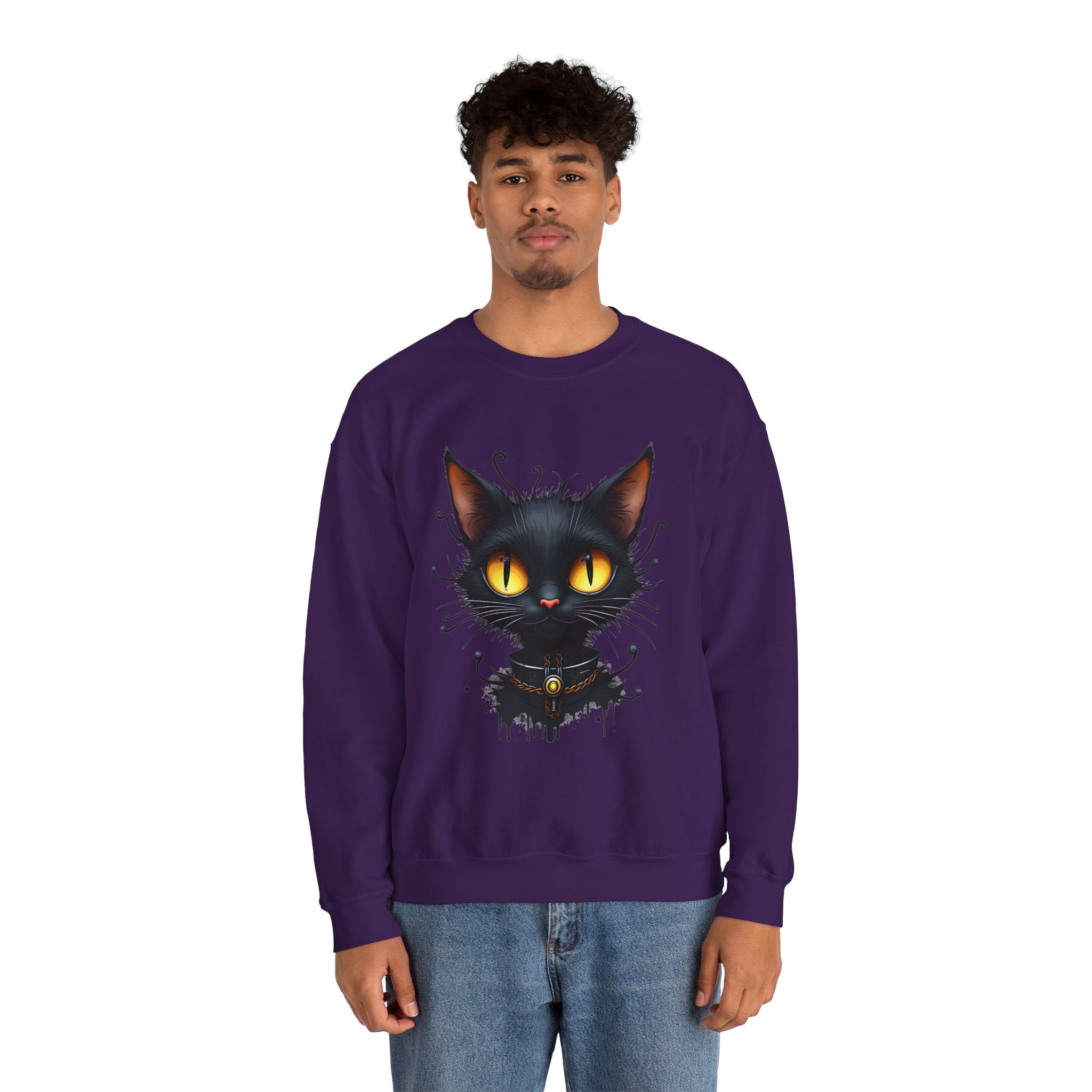 Person wearing a purple sweatshirt with a black cat graphic on a white background