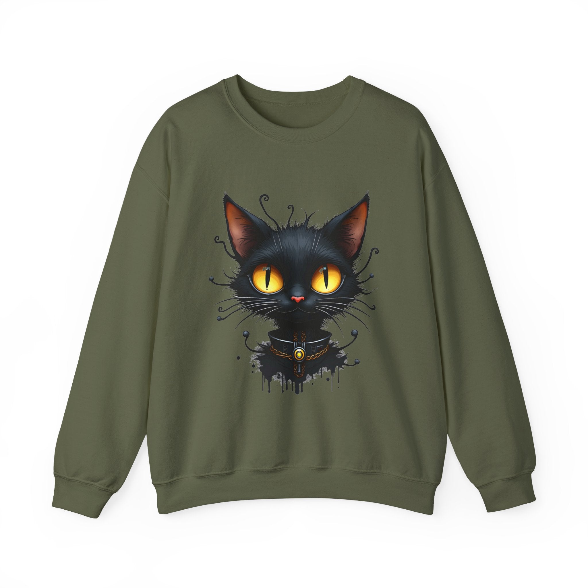 Military green sweatshirt with a black cat graphic on a white background