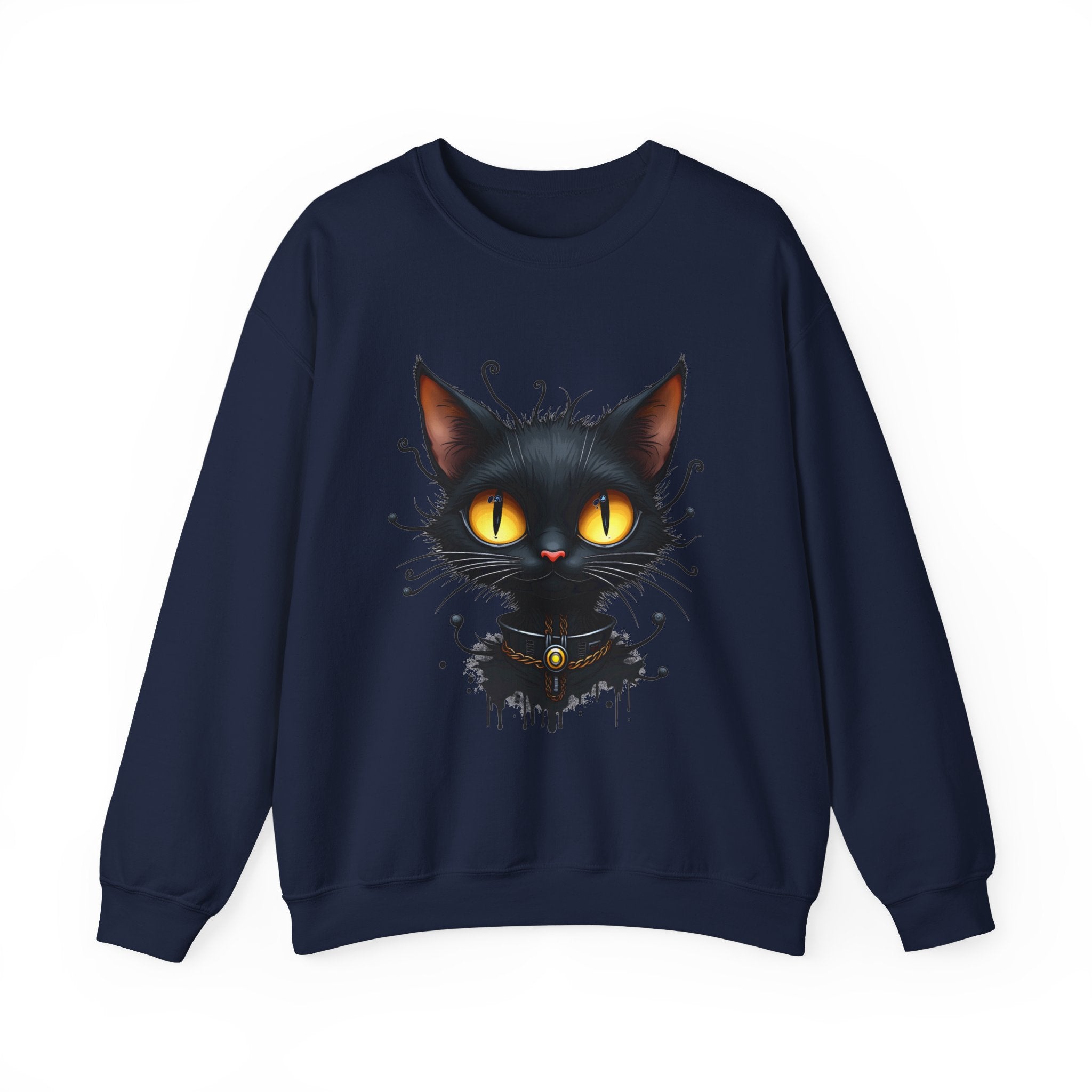Navy blue sweatshirt with a black cat graphic on a white background