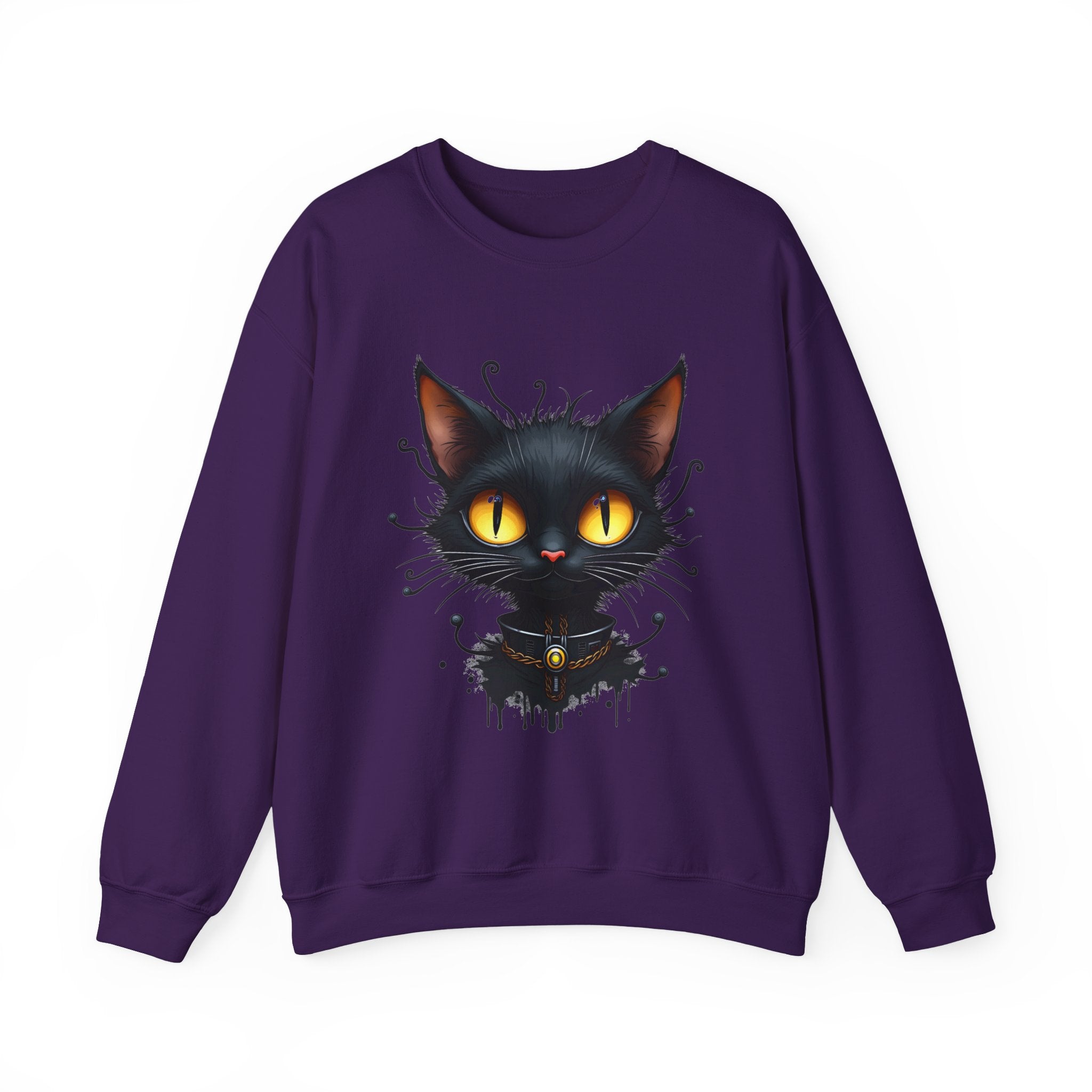 Purple sweatshirt with a black cat graphic on a white background