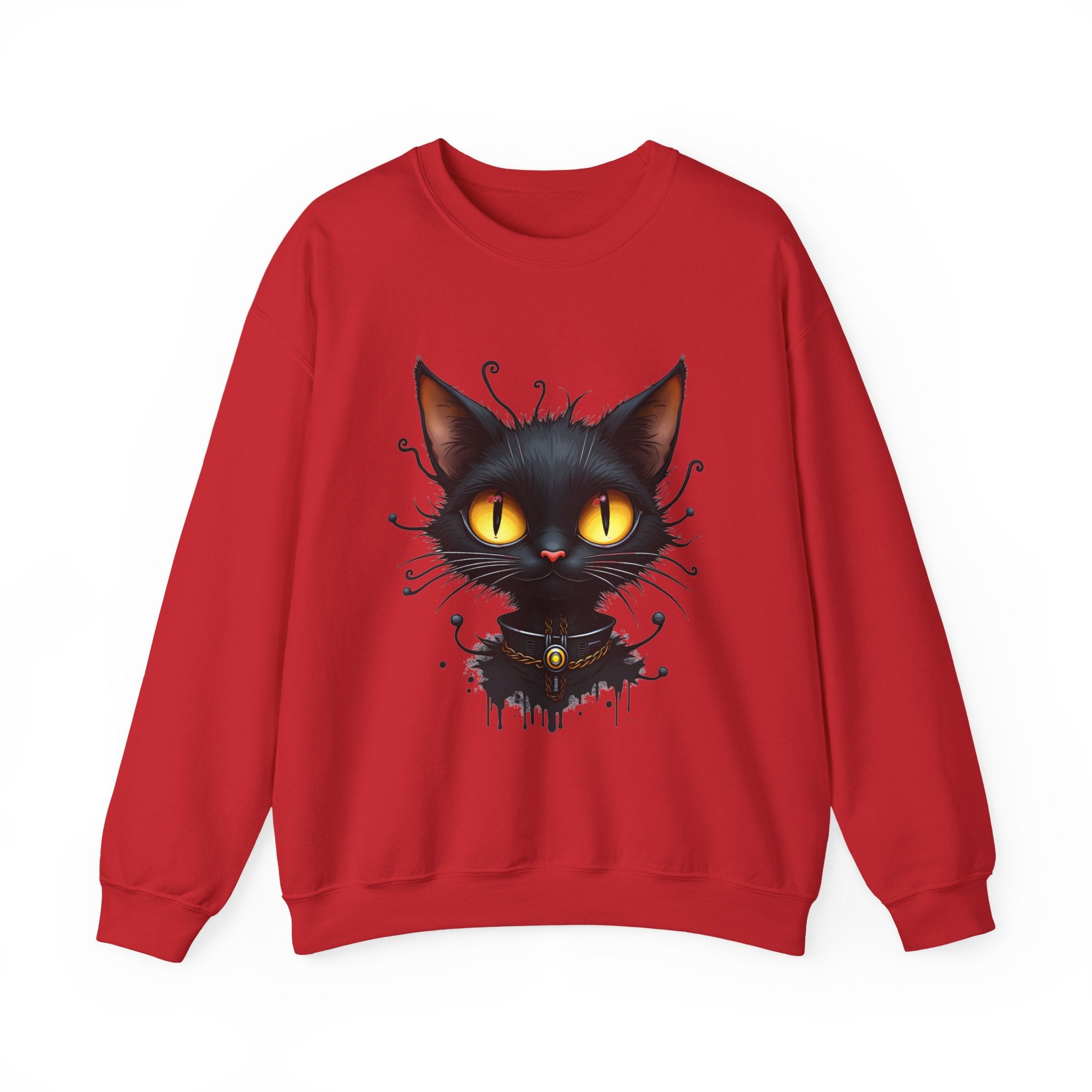 Red sweatshirt with a black cat graphic on a white background