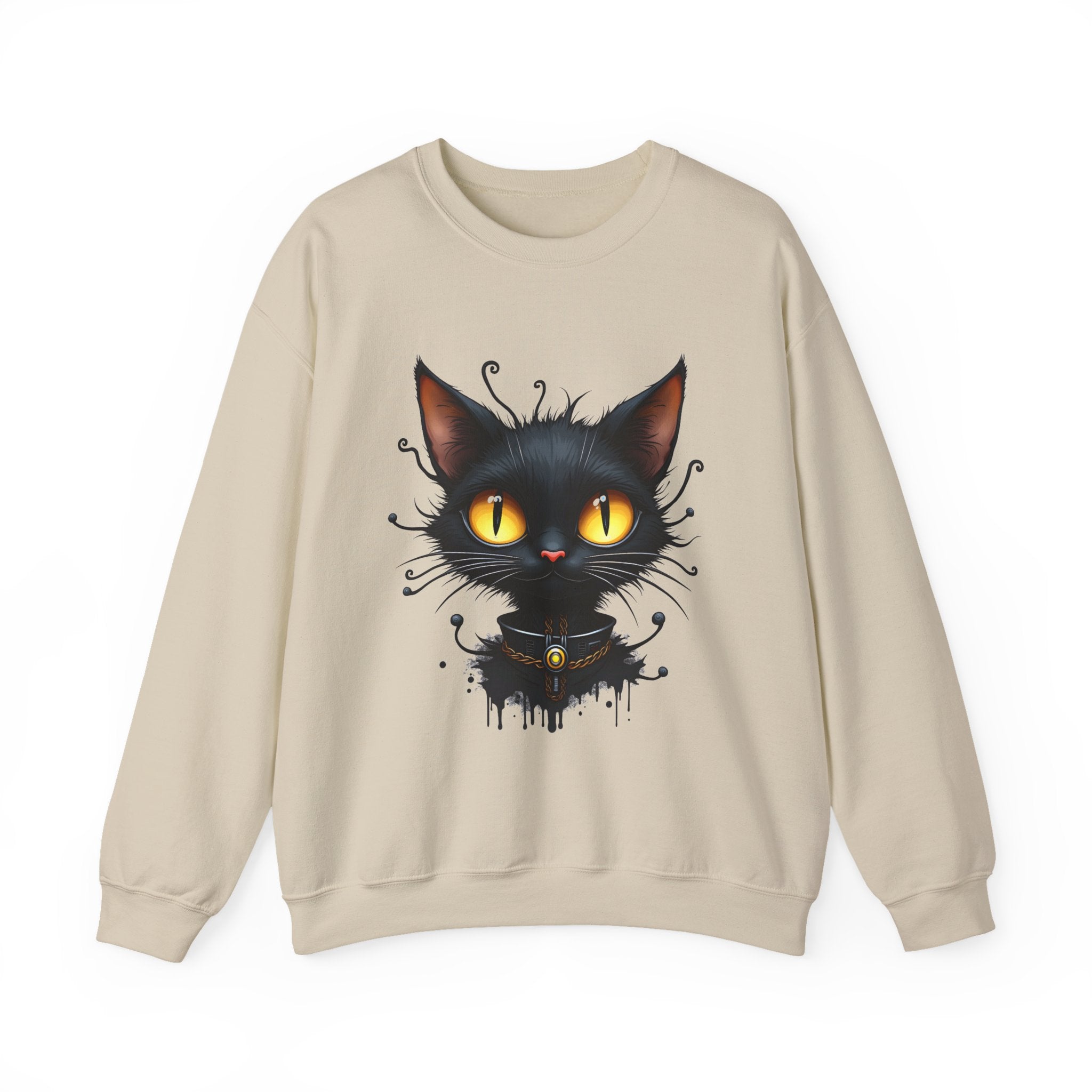 Beige sweatshirt with a black cat graphic on a white background