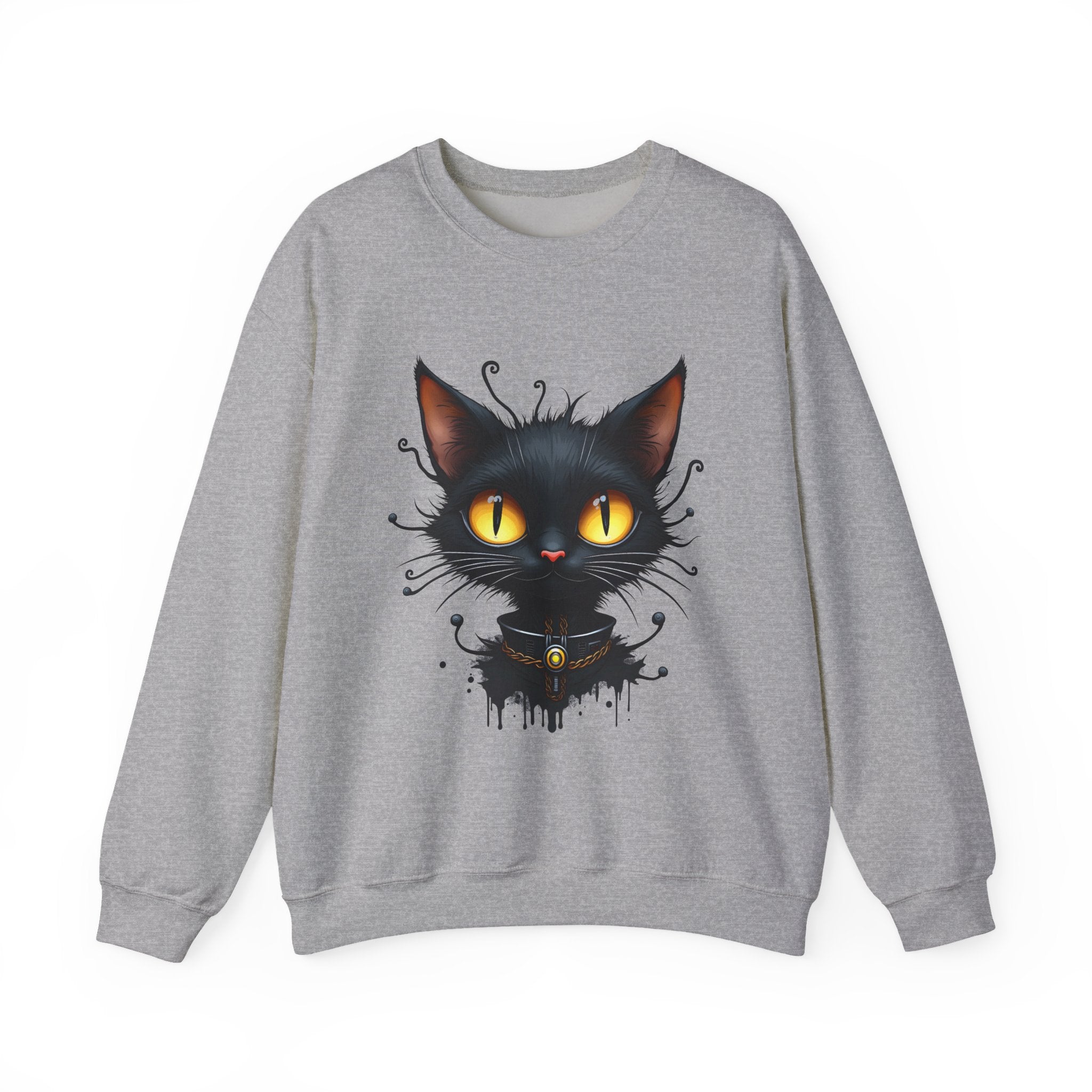 Gray sweatshirt with a black cat graphic on a white background
