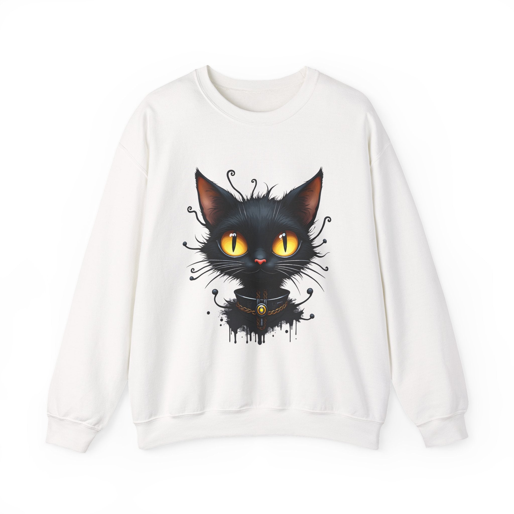 White sweatshirt with a black cat graphic on a white background
