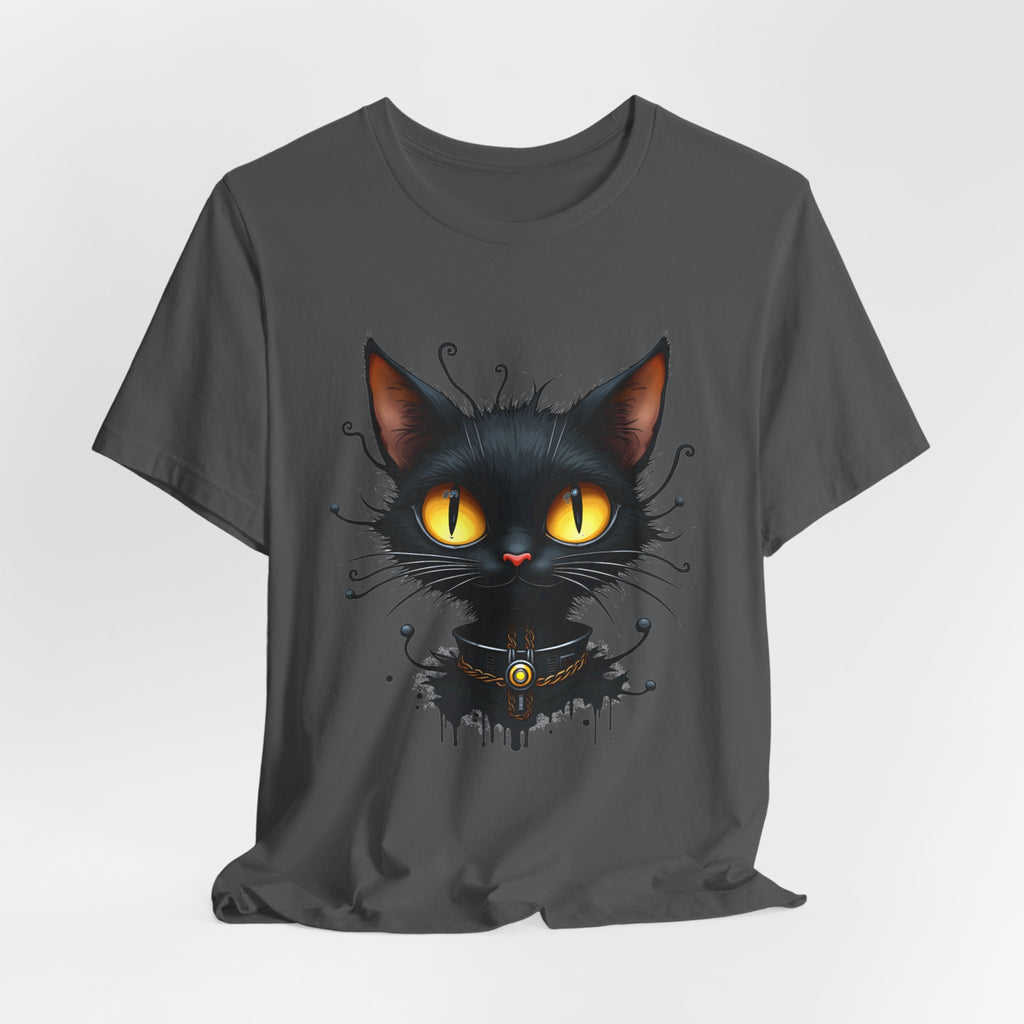 Asphalt gray t-shirt with a black cat graphic on a white background
