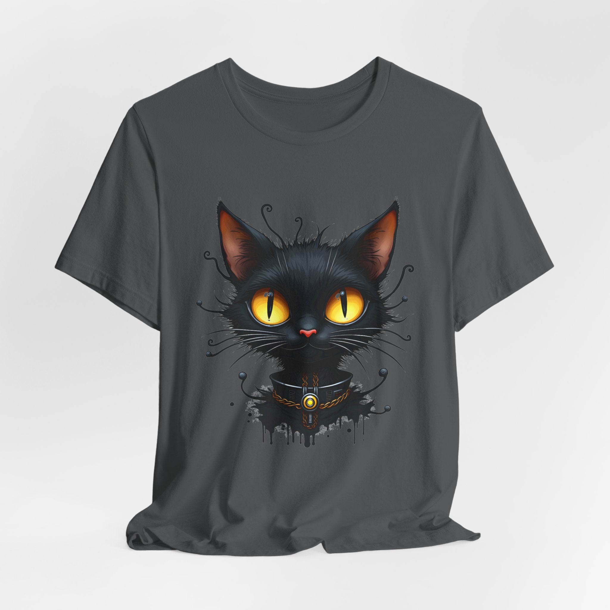 Asphalt gray t-shirt with a black cat graphic on a white background