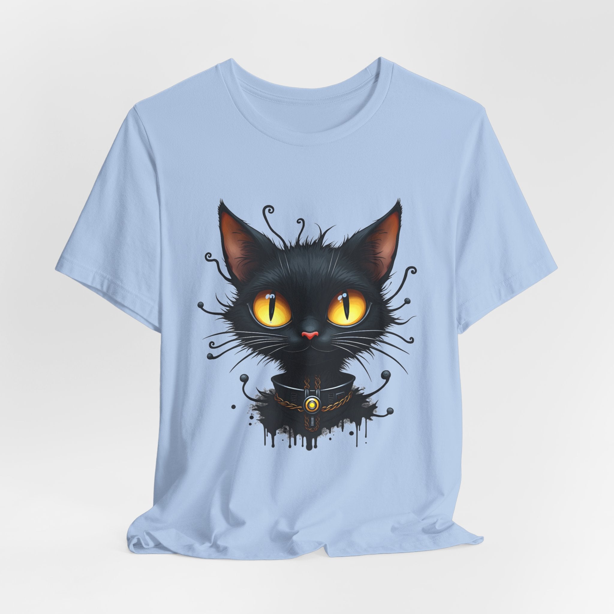 Light blue t-shirt with a black cat graphic on a light gray background