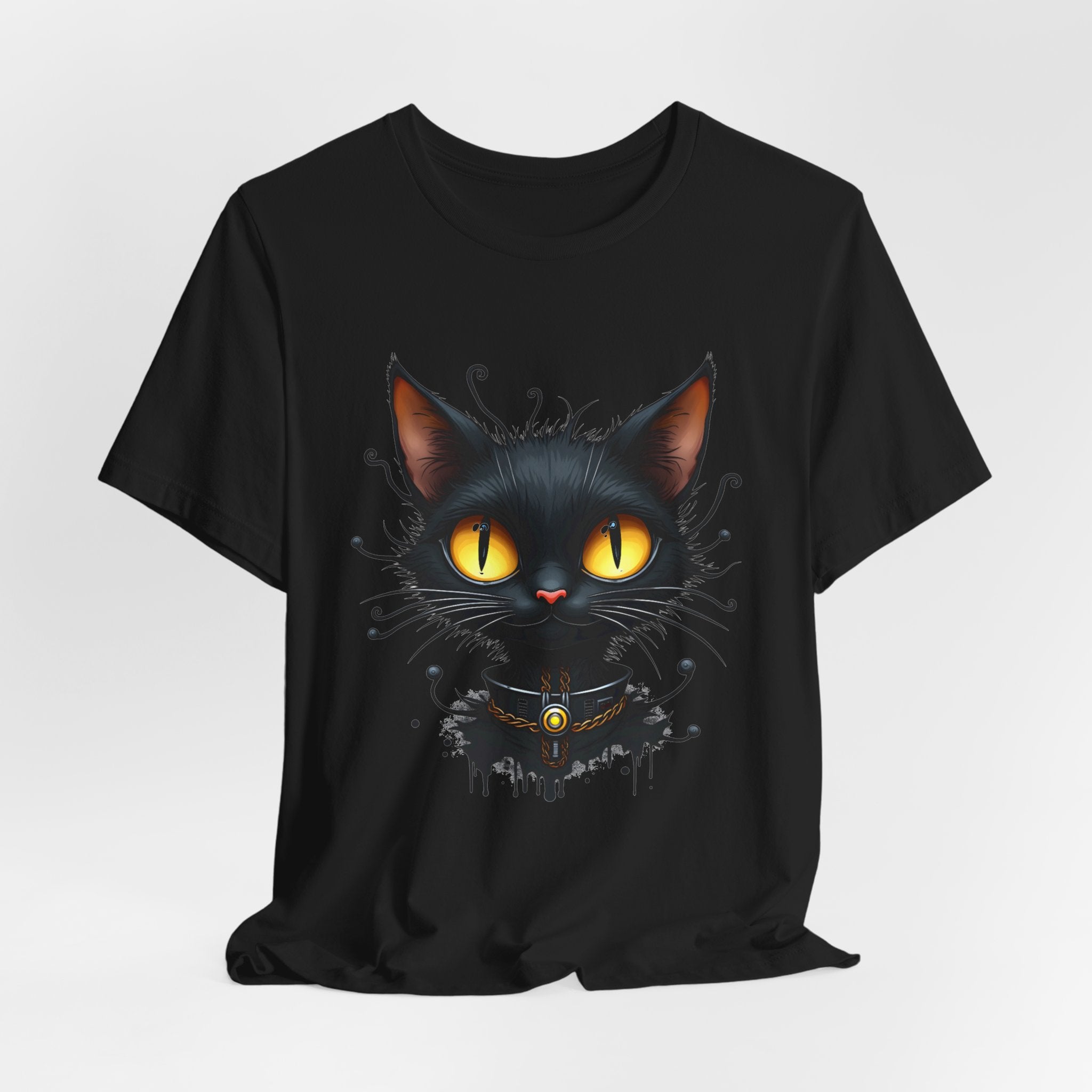 Black t-shirt with a black cat graphic on a white background