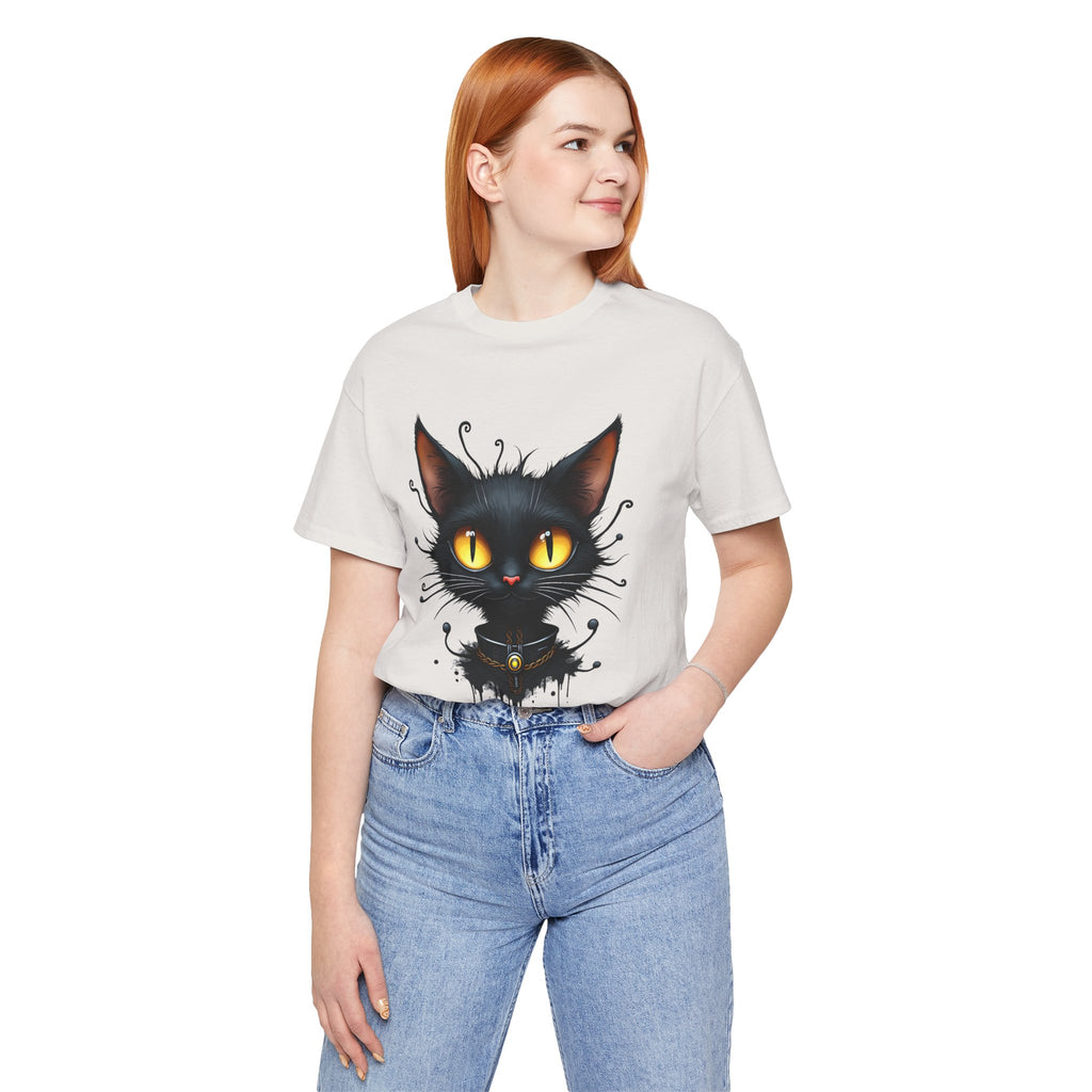 Person wearing a t-shirt with a black cat graphic design on a white background