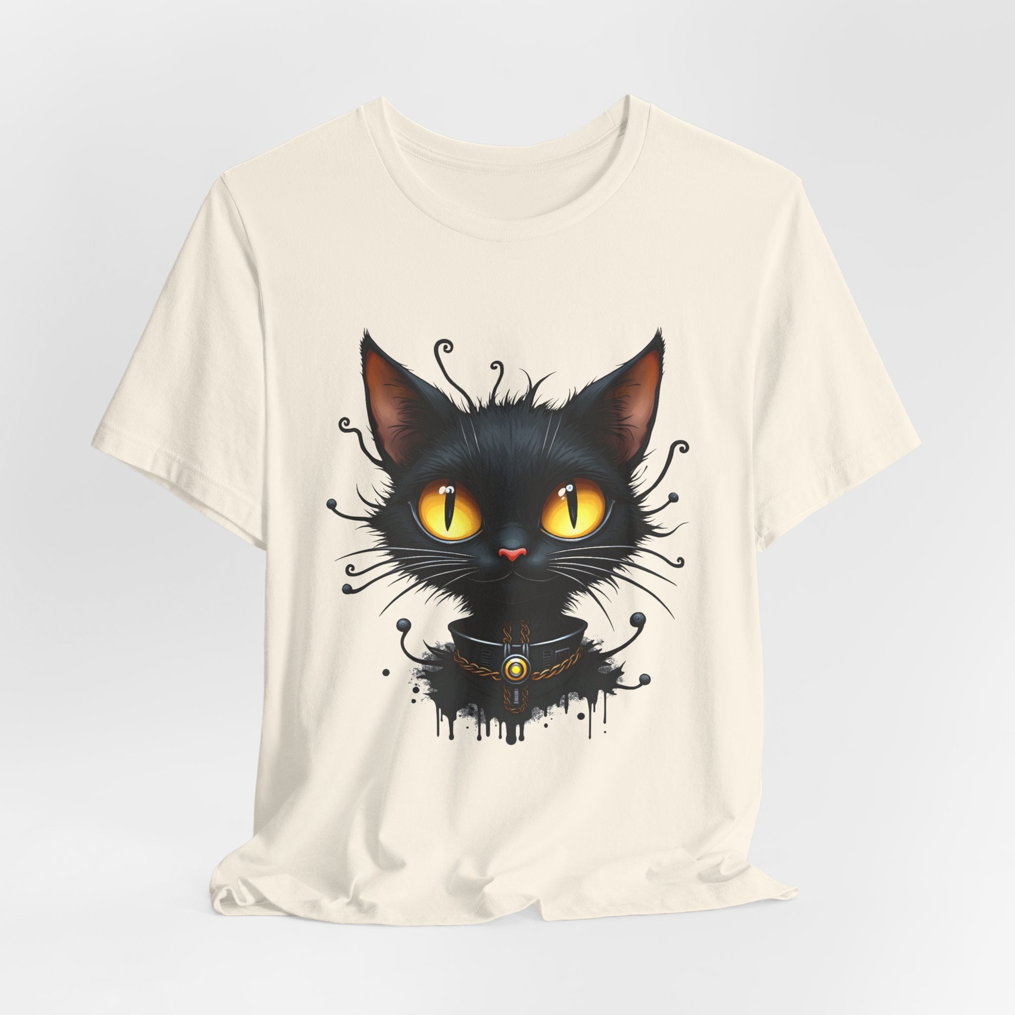 Ivory beige t-shirt with a black cat graphic on a light gray background