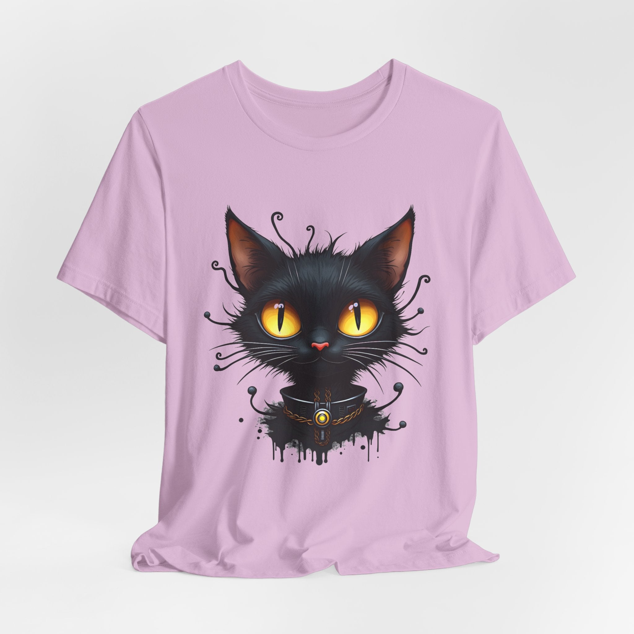 Lilac pink t-shirt with a black cat graphic on a light gray background