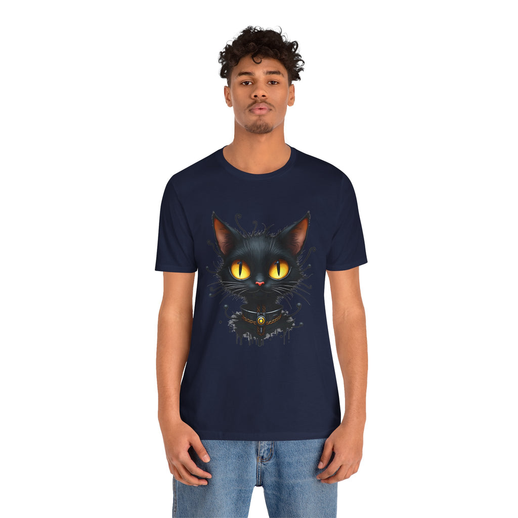 Person wearing a navy blue t-shirt with a black cat graphic on a white background