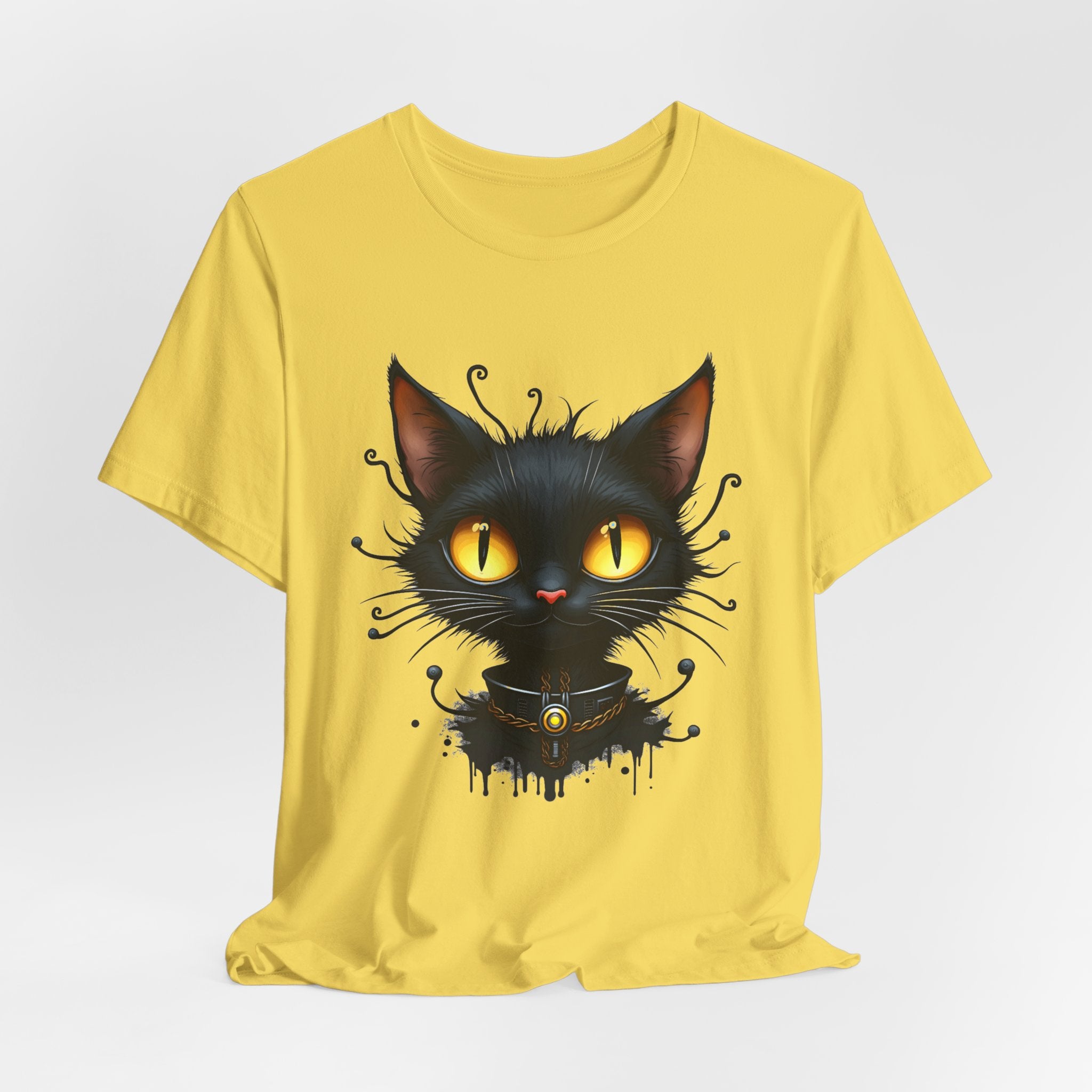 Maze yellow t-shirt with a black cat graphic on a white background