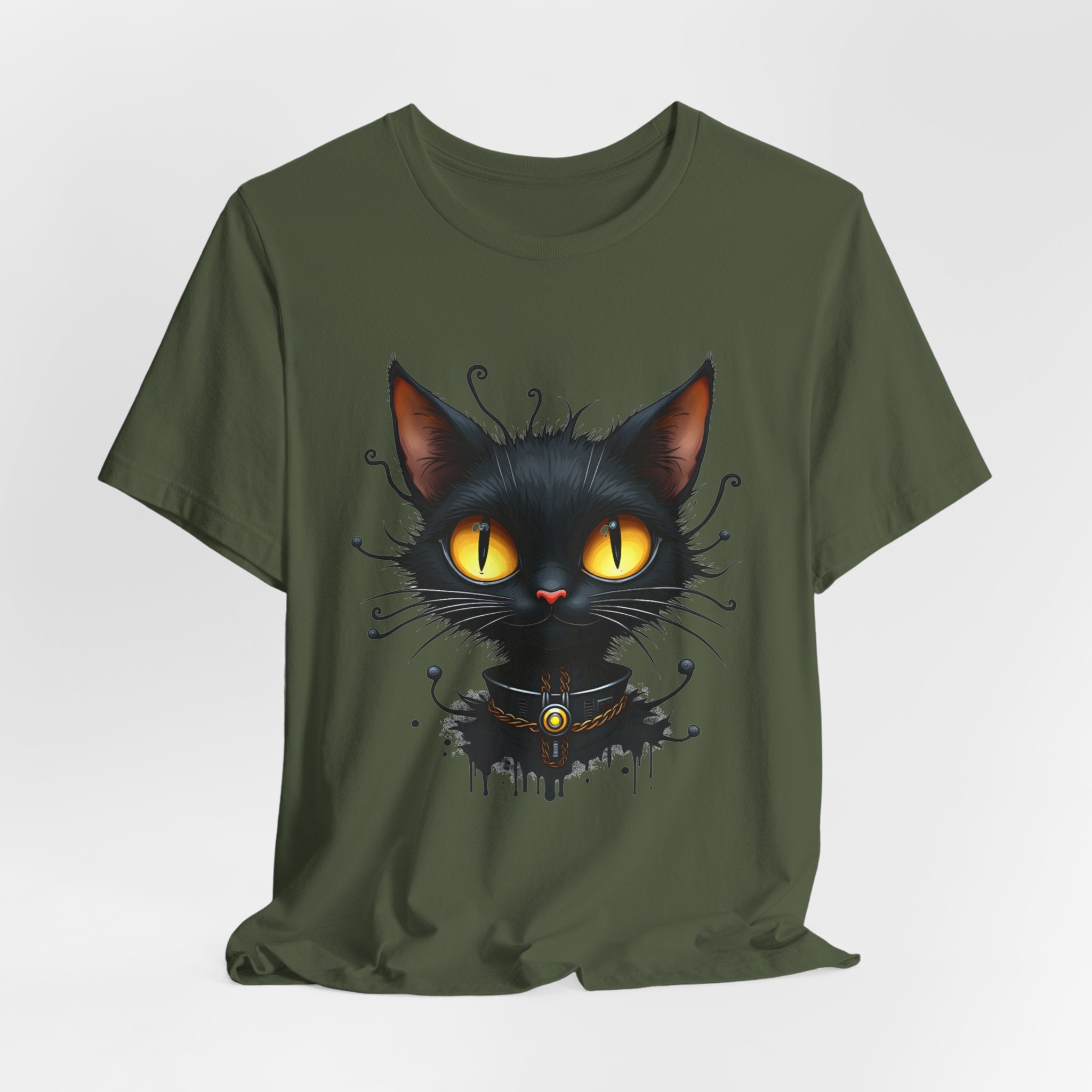 Military green t-shirt with a black cat graphic on a white background
