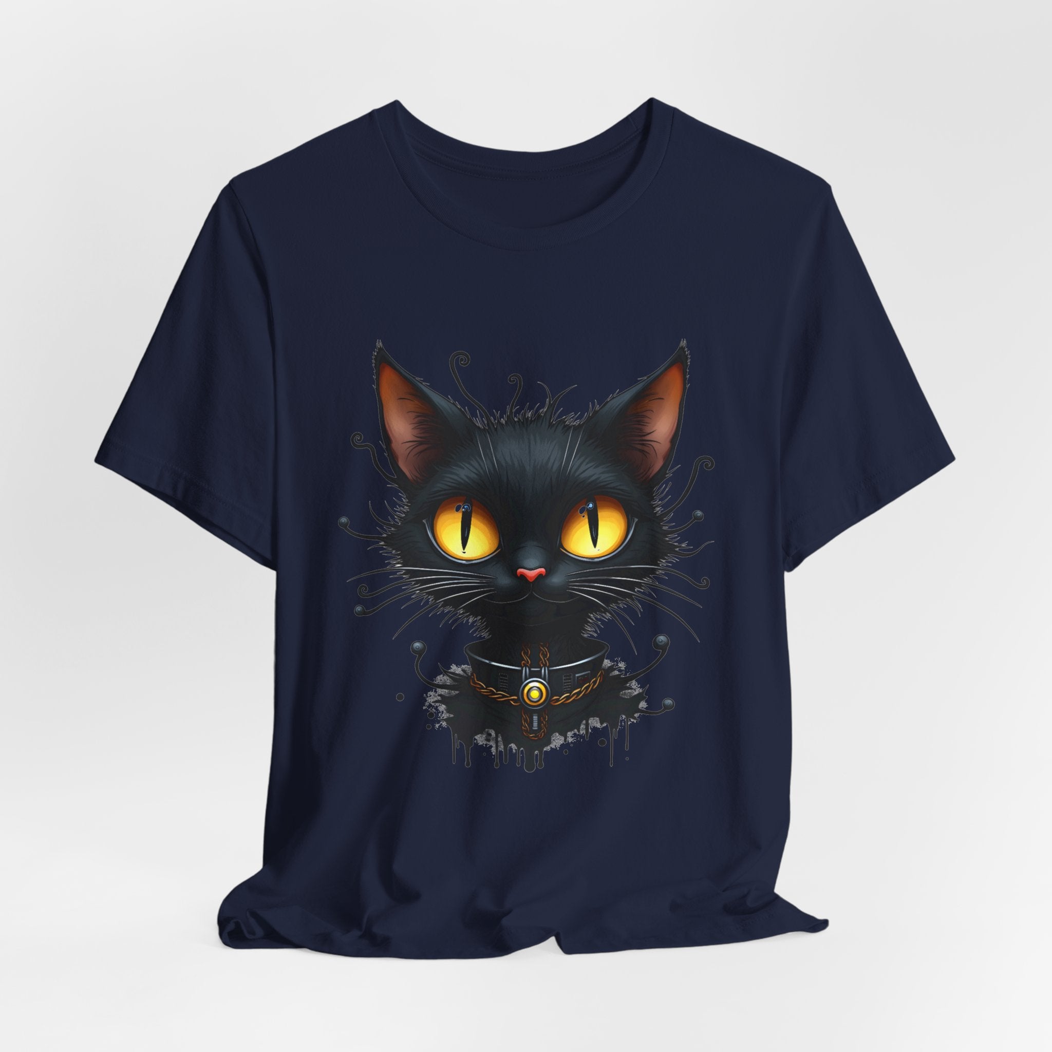 Navy blue t-shirt with a black cat graphic on a white background